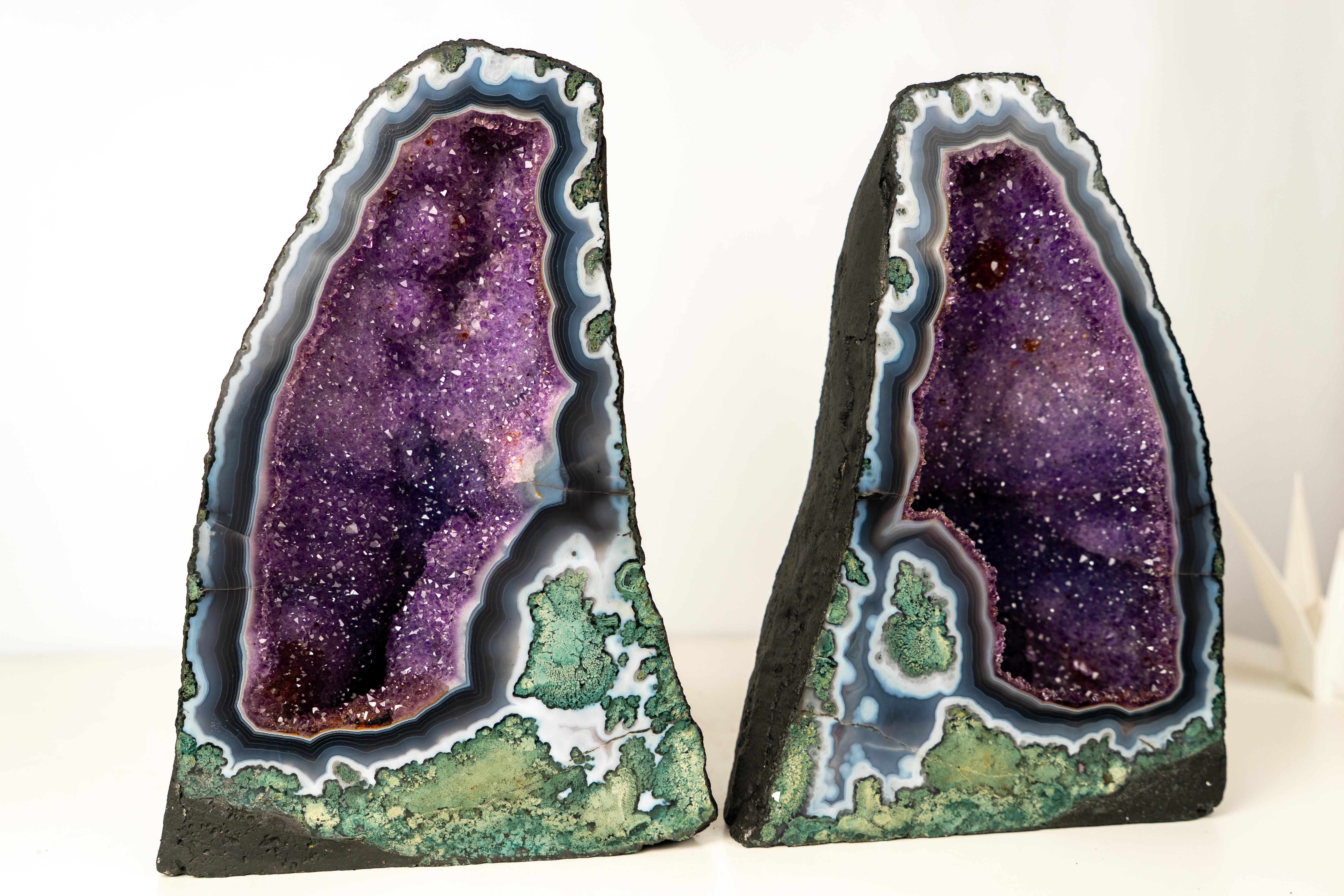 Brazilian Collector-Grade Pair of Rare Lace Agate Cathedral Geodes For Sale