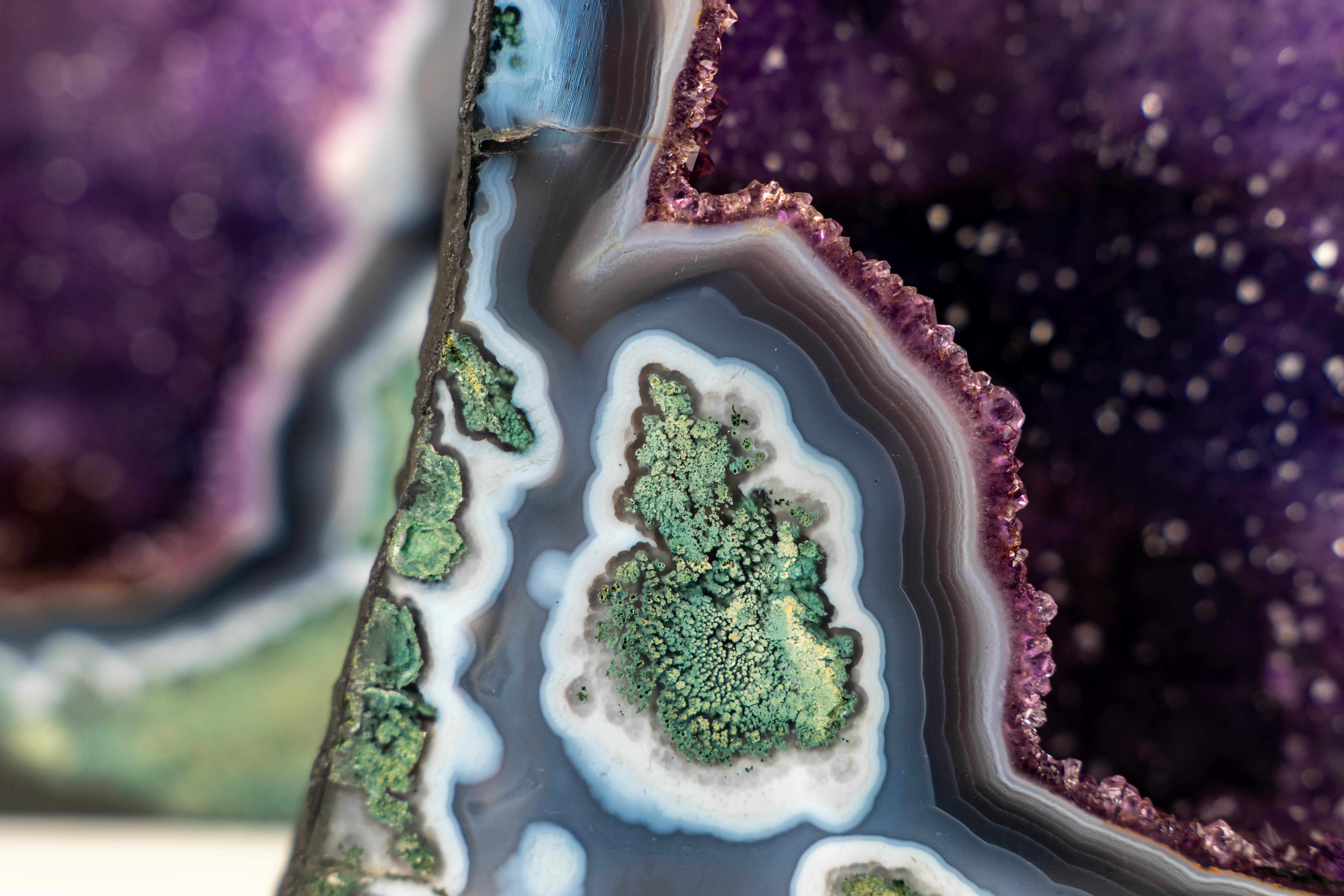 Contemporary Collector-Grade Pair of Rare Lace Agate Cathedral Geodes For Sale