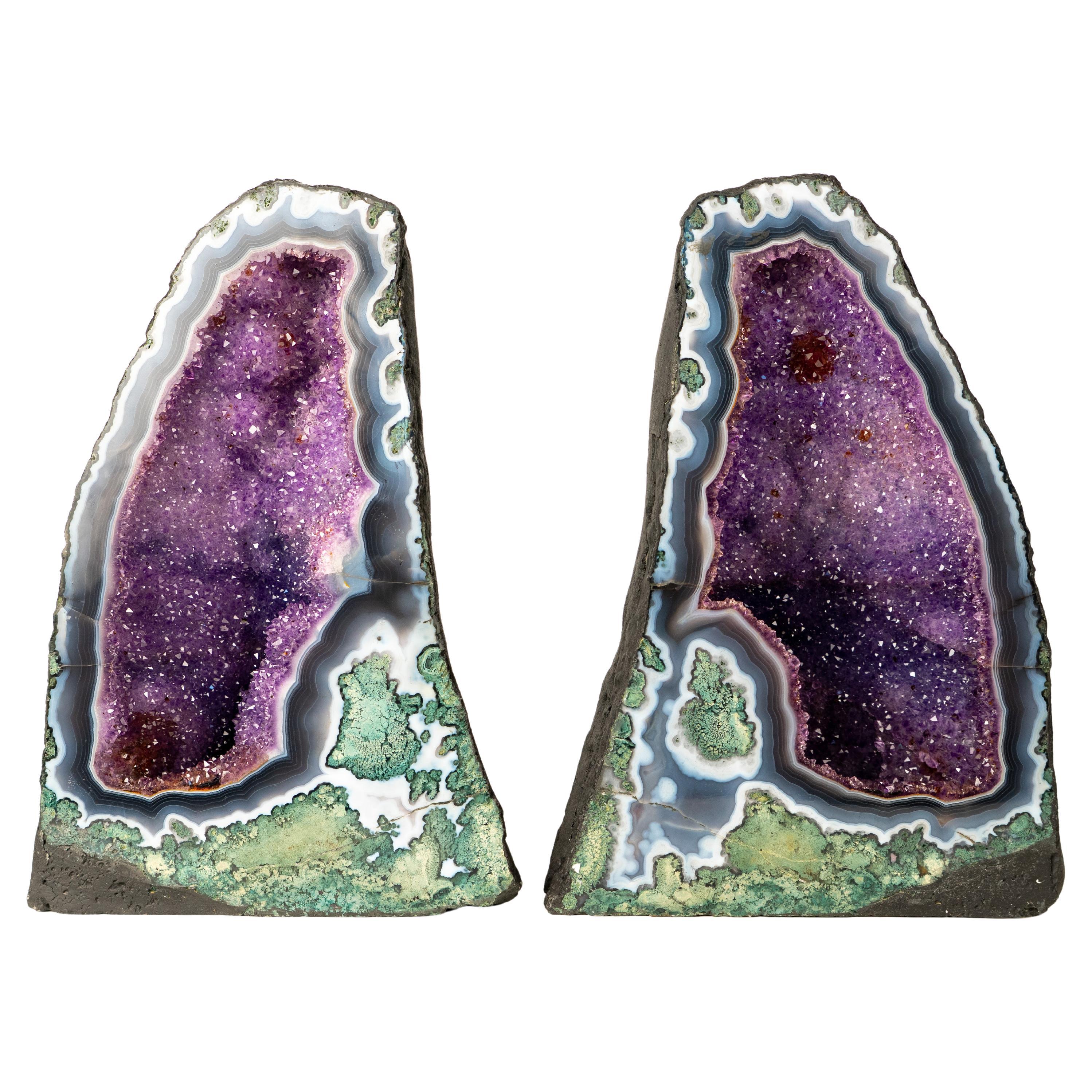 Collector-Grade Pair of Rare Lace Agate Cathedral Geodes For Sale