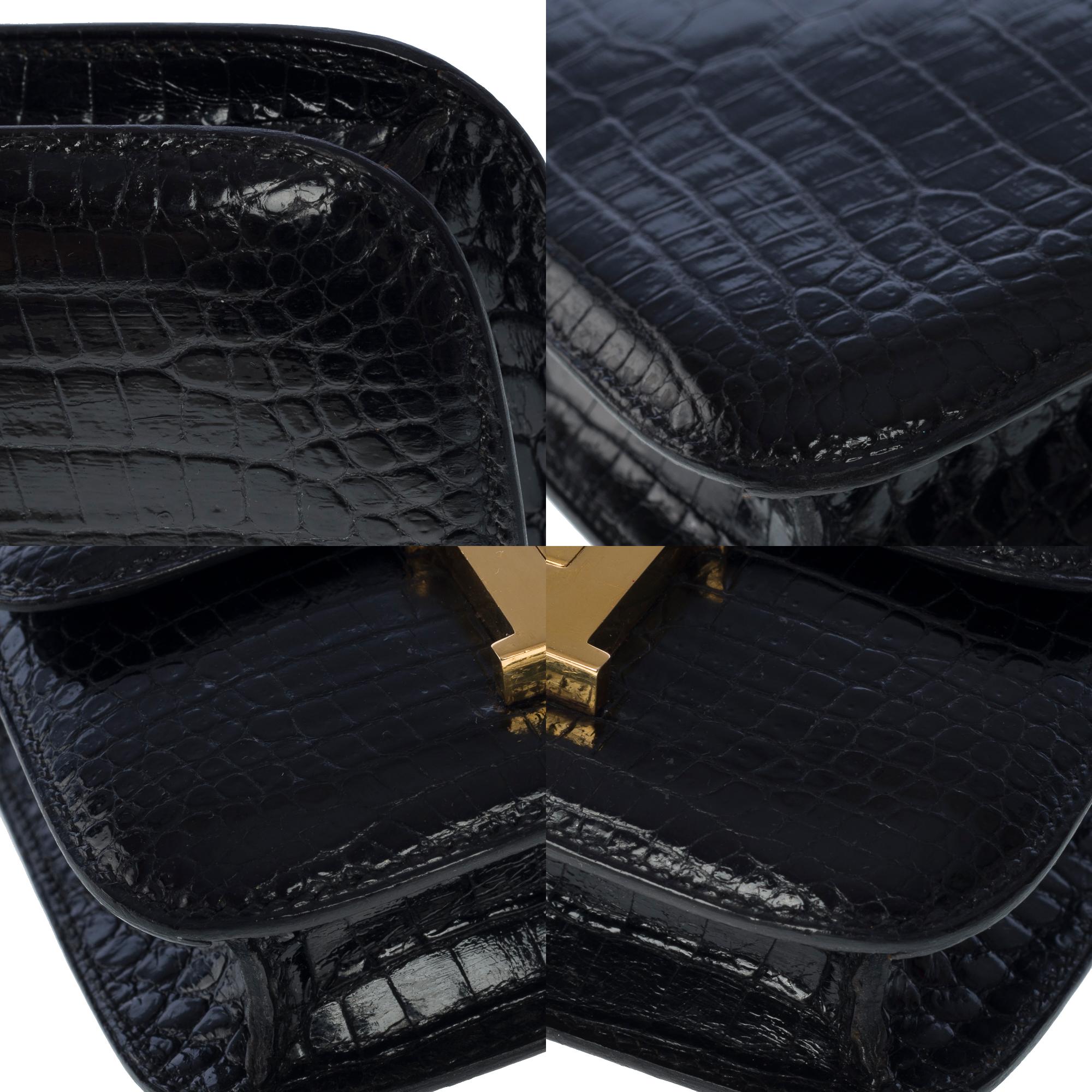 Sammlerstücke Hermès Constance Micro Clutch mit Klappe aus schwarzem Porosus-Krokodil, GHW 5