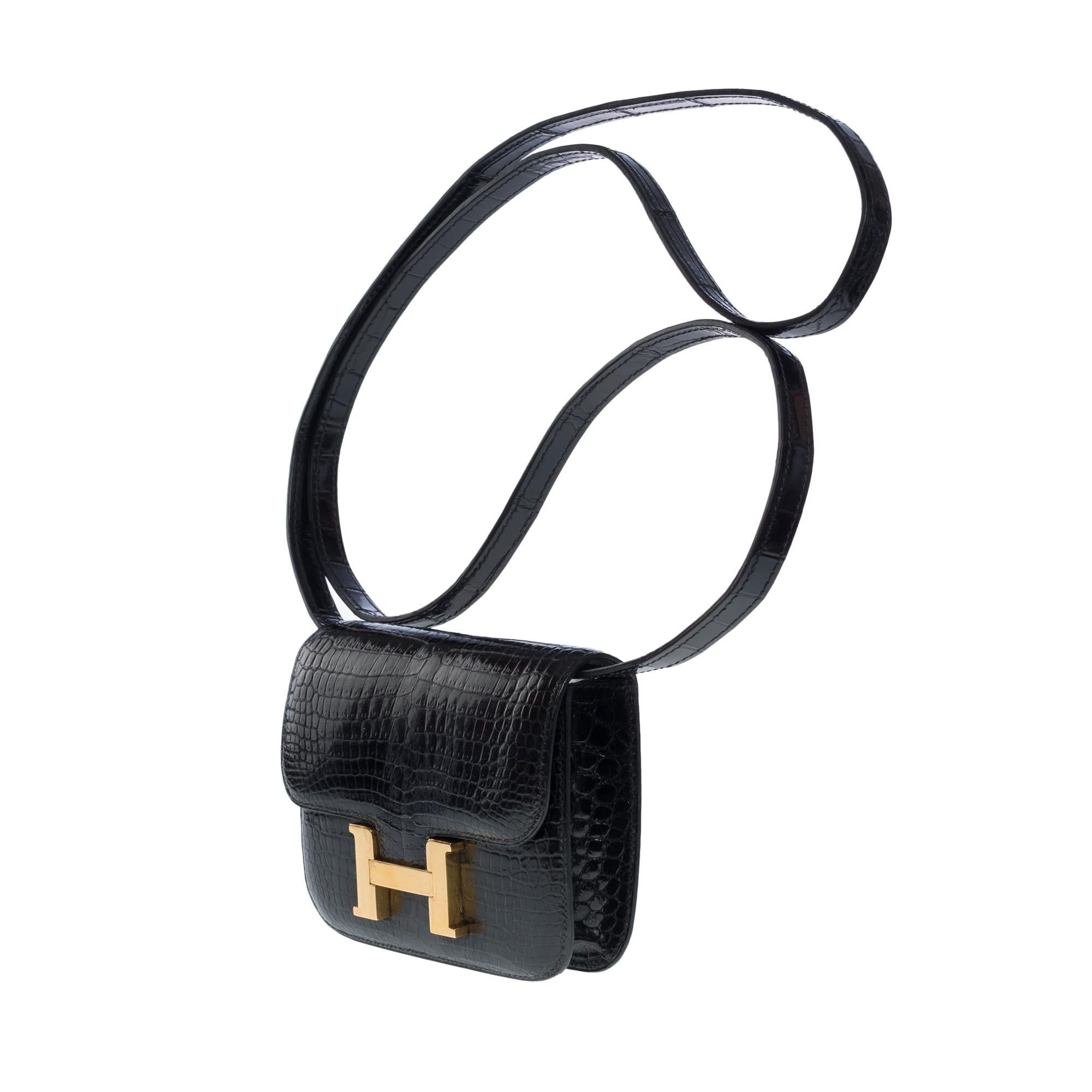 Orange Collector Hermes Constance Micro Clutch flap bag in black Porosus Crocodile, GHW For Sale