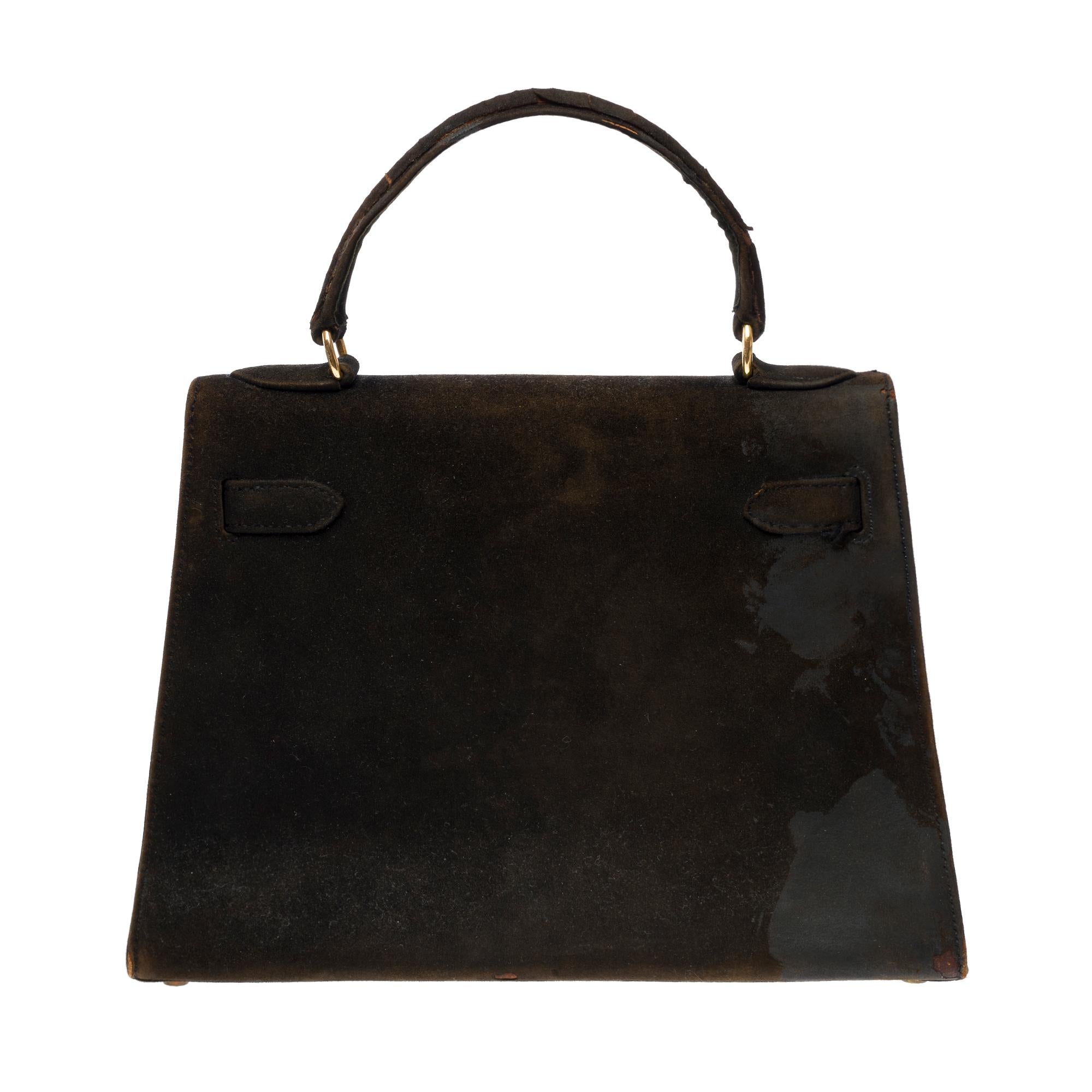Black Collector Hermès Kelly 25 Doblis in black suede and gold hardware For Sale