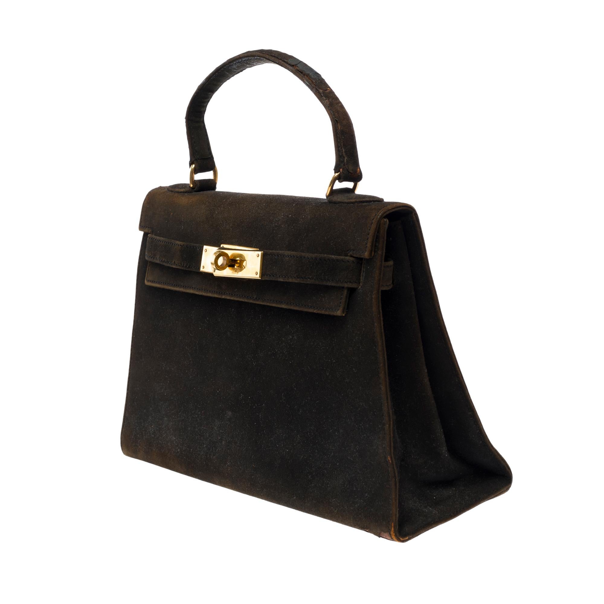 Collector Hermès Kelly 25 Doblis in black suede and gold hardware In Fair Condition For Sale In Paris, IDF