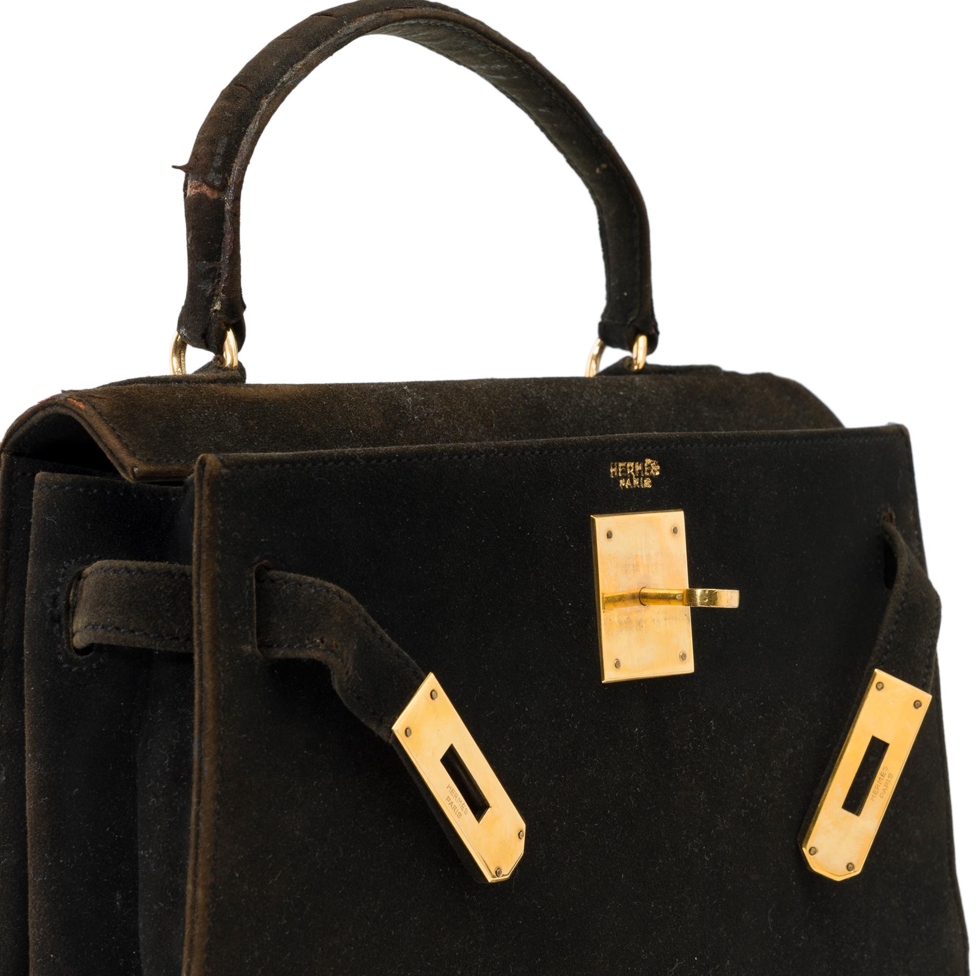 Collector Hermès Kelly 25 Doblis in black suede and gold hardware For Sale 1