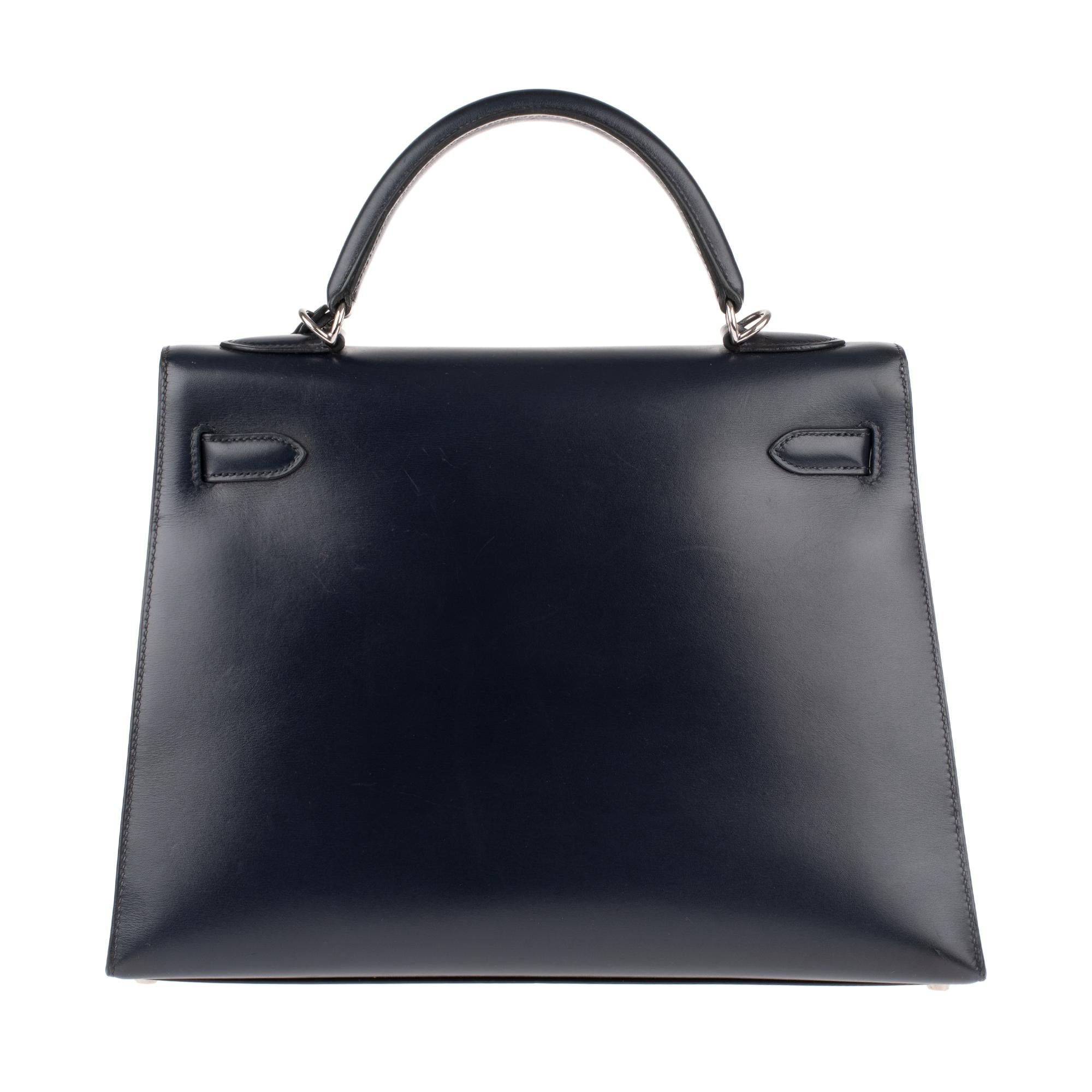 Black Collector Hermès Kelly 32 handbag with strap in navy blue calfskin box leather!