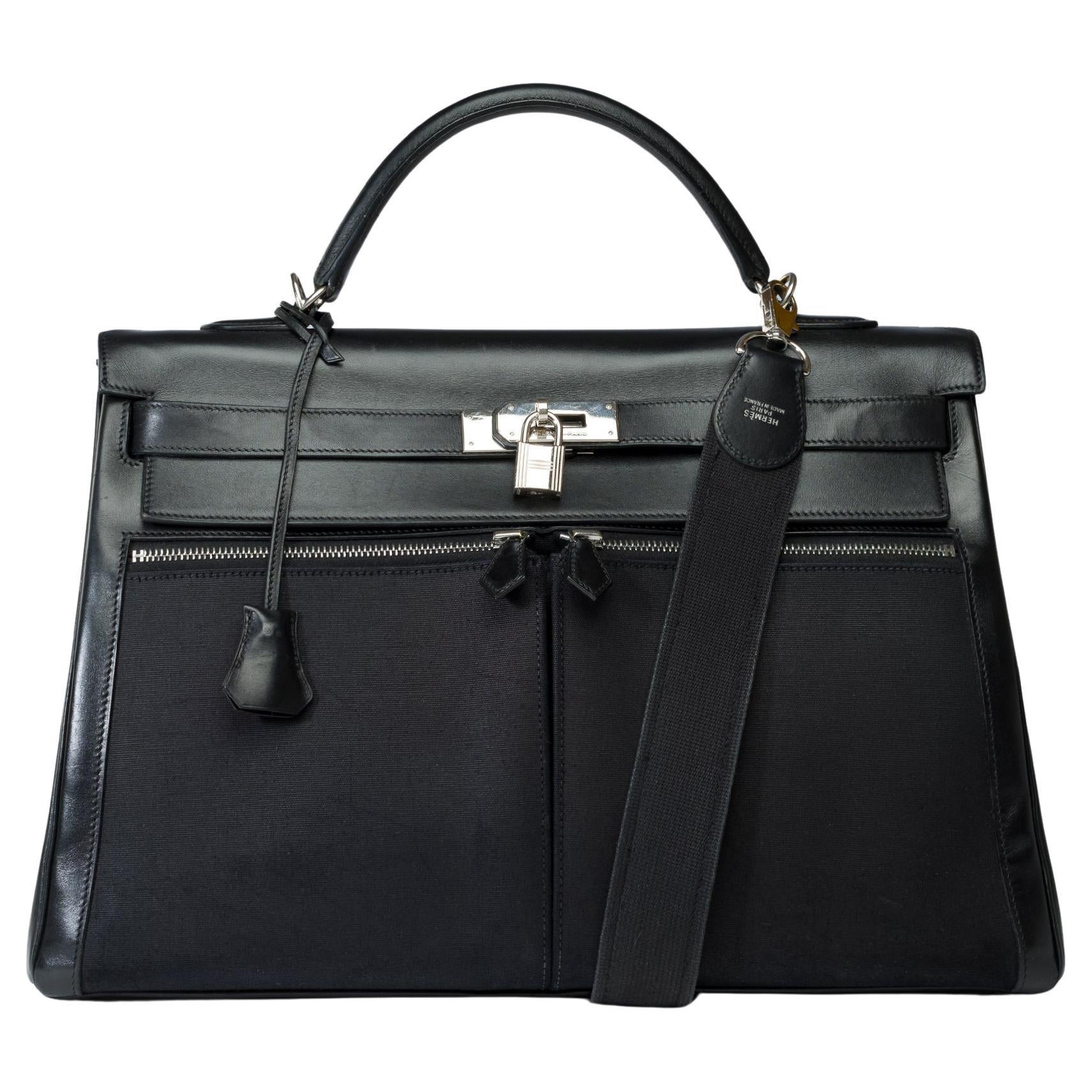 Collector Hermès Kelly Lakis 40 bandoulière de sac à main en toile et cuir noir, PHW