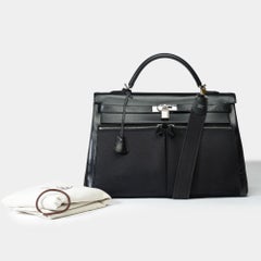 Collector Hermès Kelly Lakis 40 handbag strap in black canvas and leather, PHW