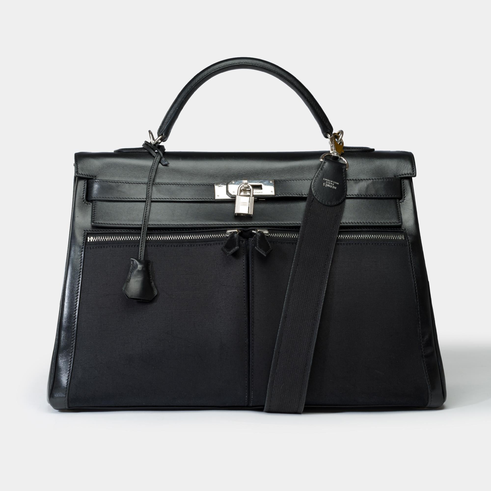 Black Collector Hermès Kelly Lakis 40 handbag strap in black canvas and leather, PHW