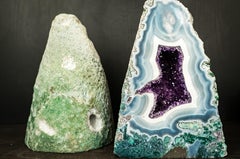 Pareja de Coleccionistas Geodas de Ágata Azul Encaje con Drusa Amatista Rica