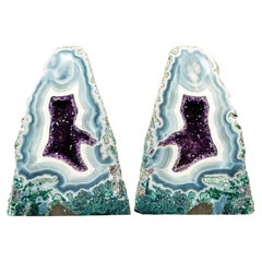 Pareja de Coleccionistas Geodas de Ágata Azul Encaje con Drusa Amatista Rica