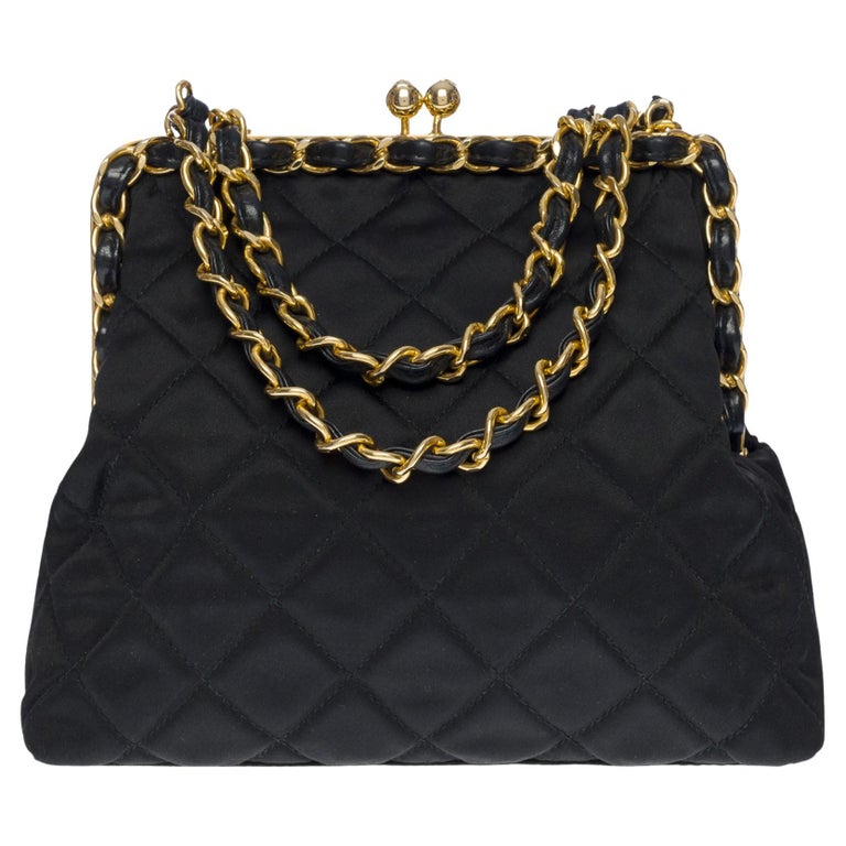 Collector and Rare Chanel Sac du Soir shoulder bag in black quilted Satin,  GHW For Sale at 1stDibs