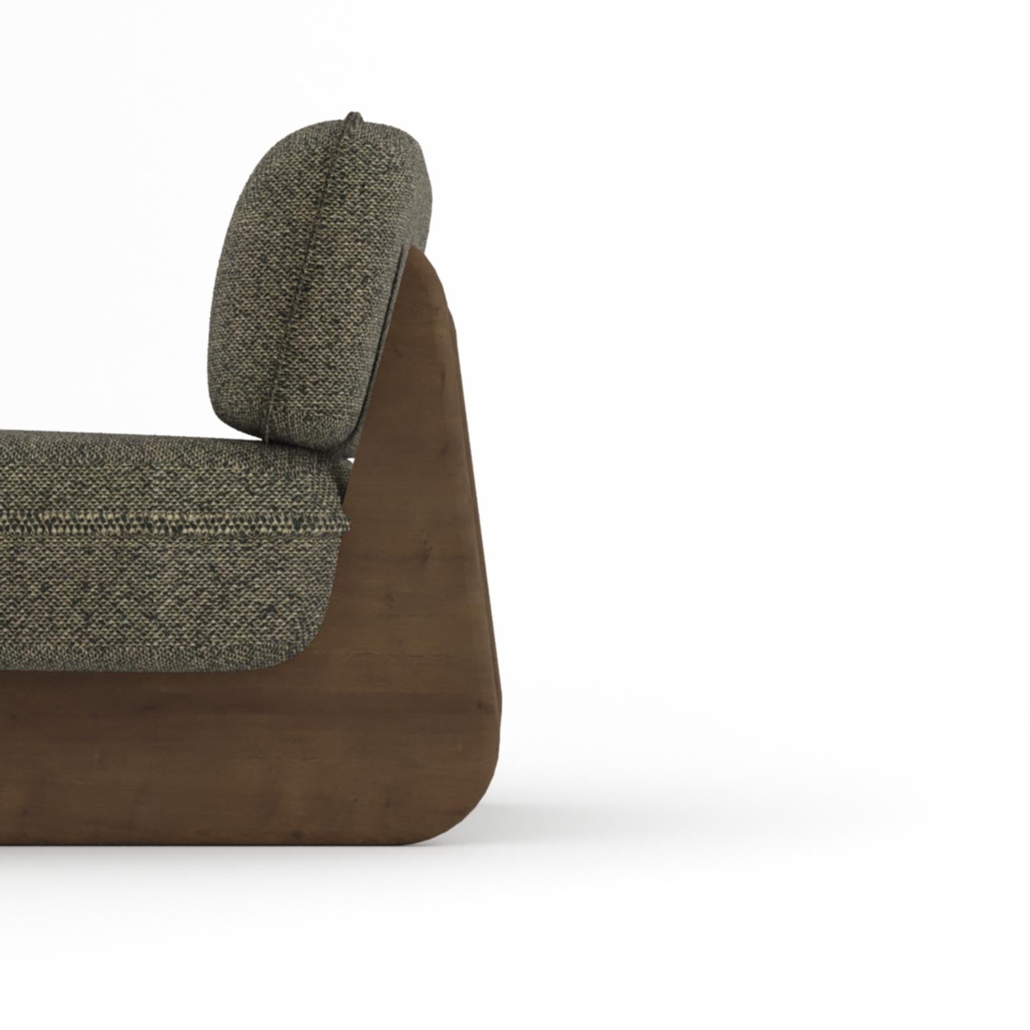 A harmonious blend of craftsmanship and relaxation, the Riva Lounge Chair features a sculptural wooden base paired with plush, upholstered cushions. Its fluid, organic form offers both visual appeal and exceptional comfort, making it a perfect