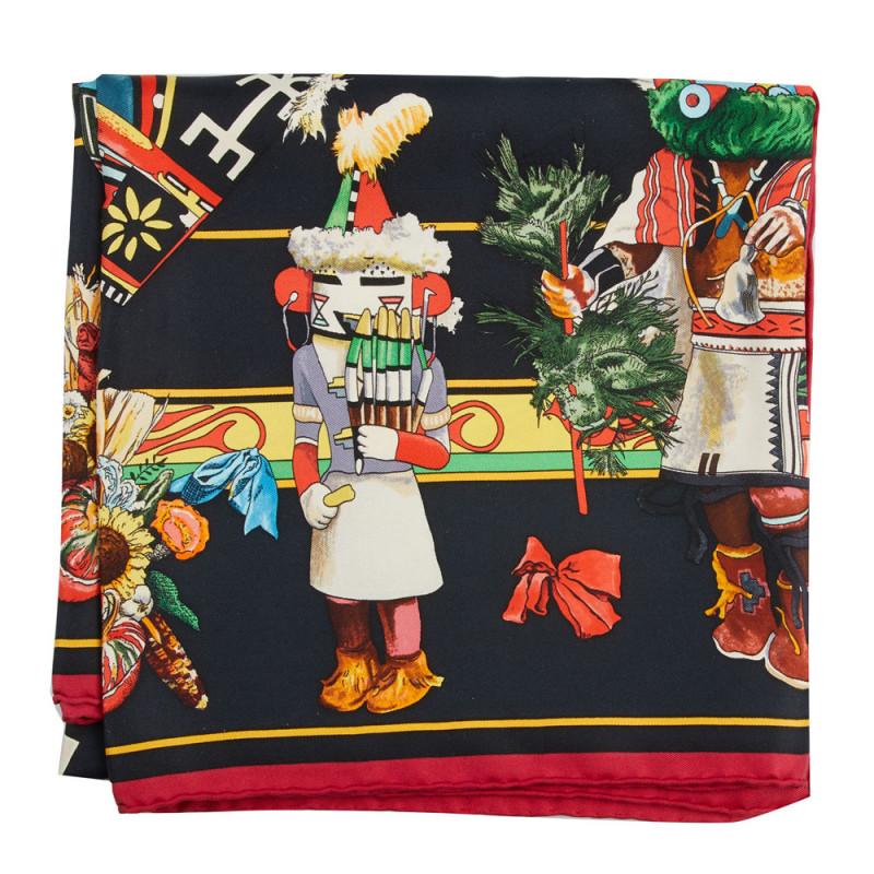 RARE silk scarf 90 Kachinas by Oliver Kermit

Condition: very good, despite one small pulled thread
Made in France.
Material: 100% silk
Color: black, multicolor
Dimensions: 90 x 90 cm
Name : Olivier Kermit
Year : 1992
Details : Composition label