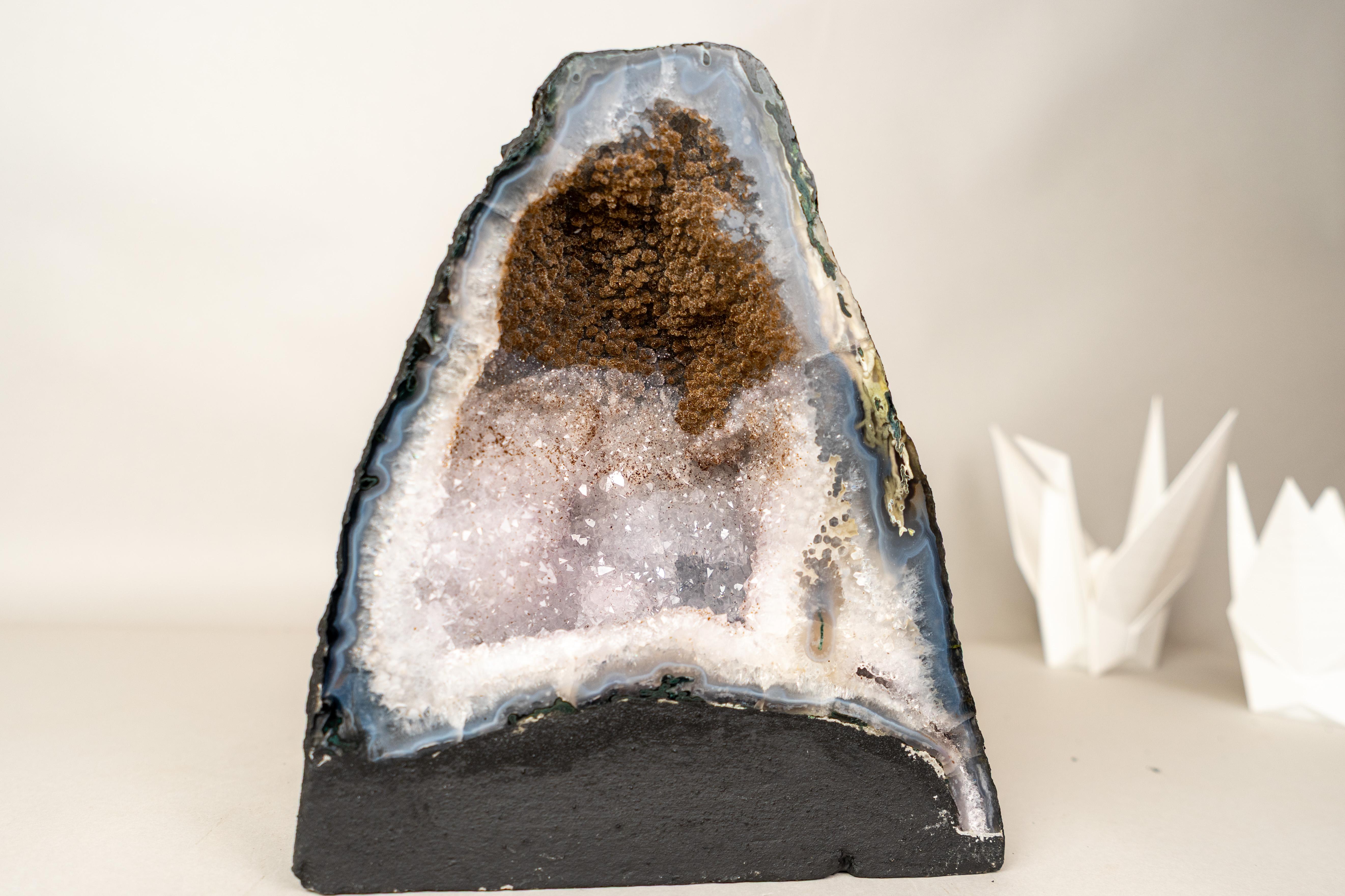 Bi-Color-Achat-Geode mit funkelndem Zucker-Druzy und weißem Amethyst für Sammler im Angebot 4