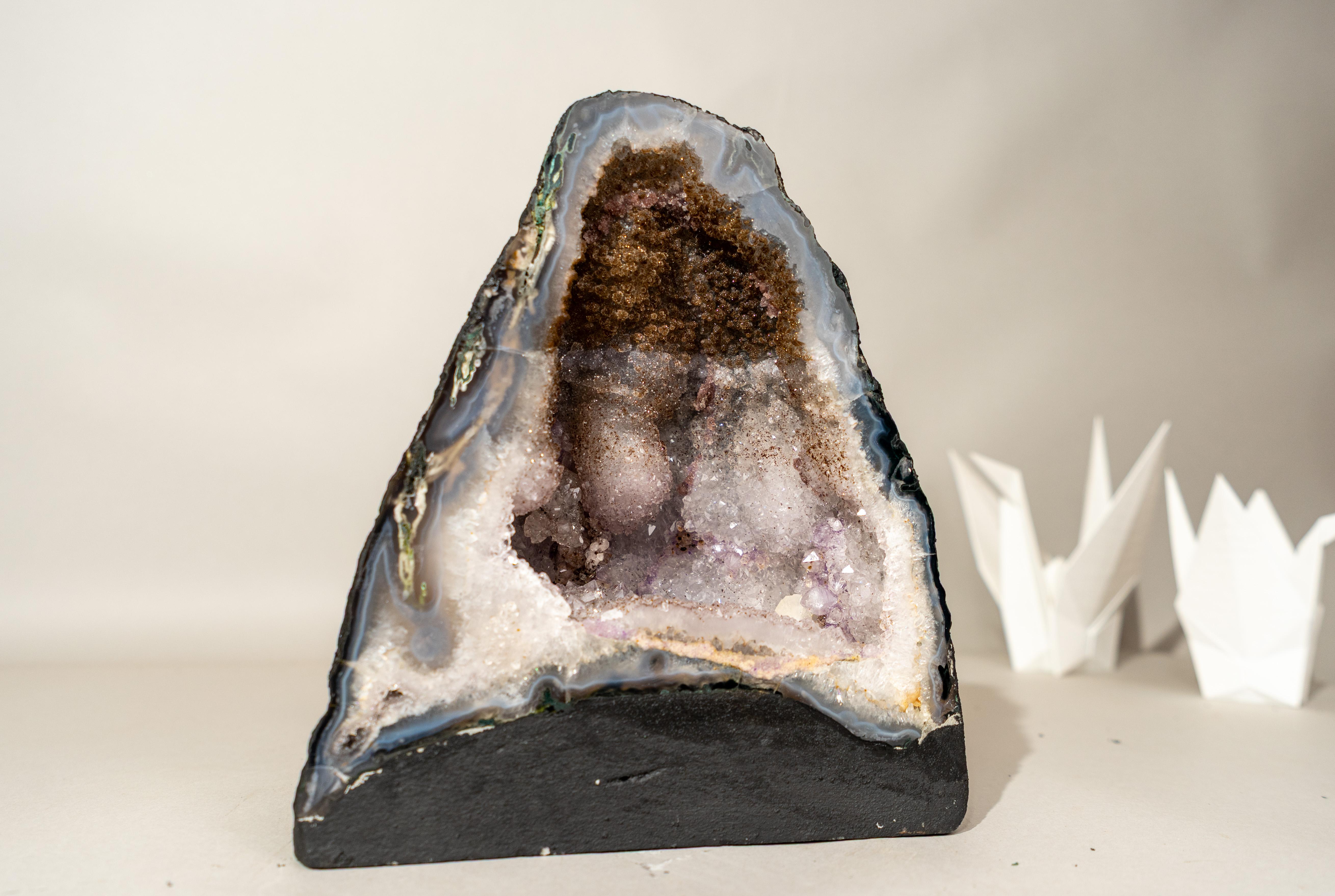 Bi-Color-Achat-Geode mit funkelndem Zucker-Druzy und weißem Amethyst für Sammler im Angebot 4