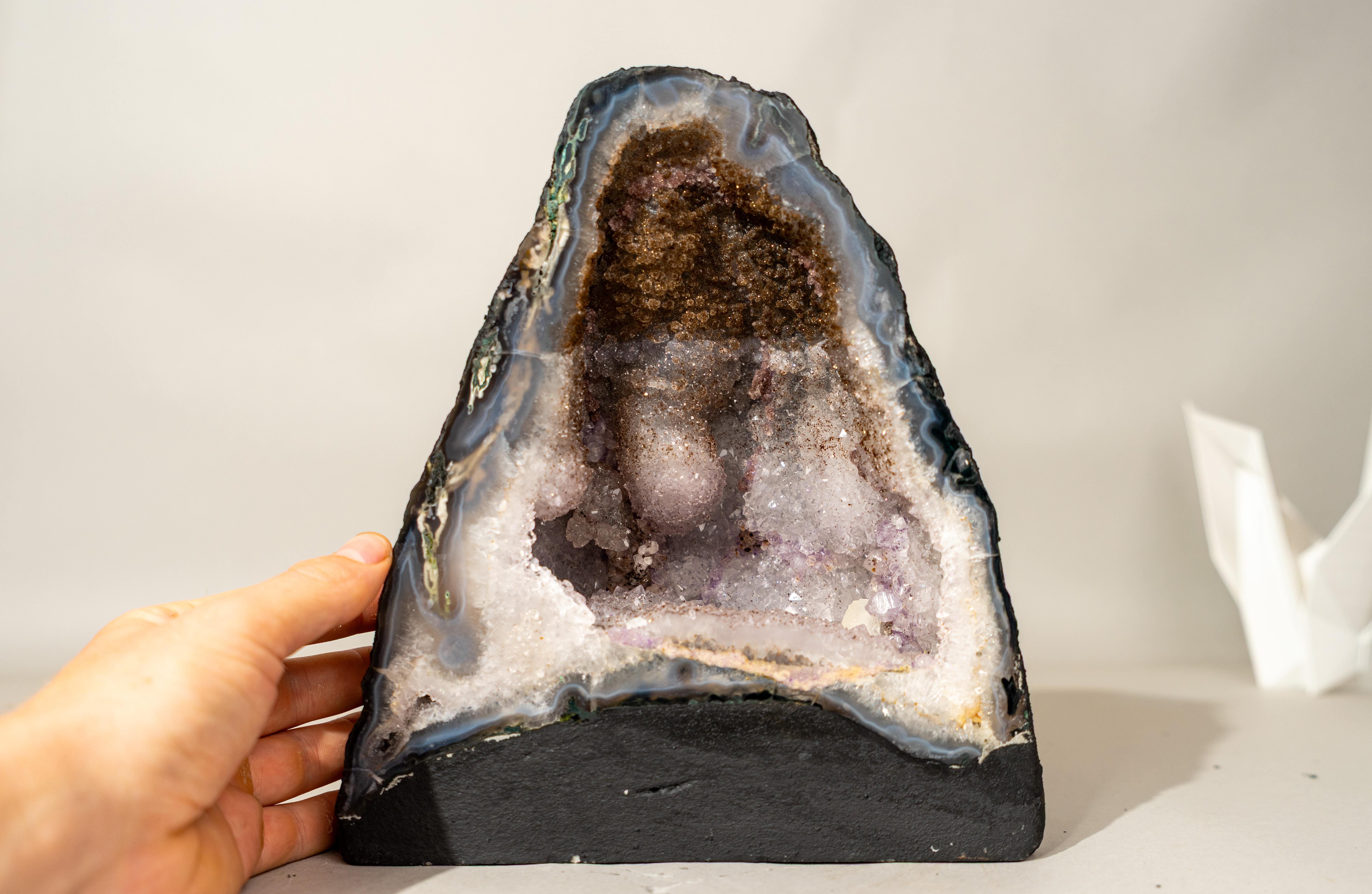 Bi-Color-Achat-Geode mit funkelndem Zucker-Druzy und weißem Amethyst für Sammler im Angebot 2