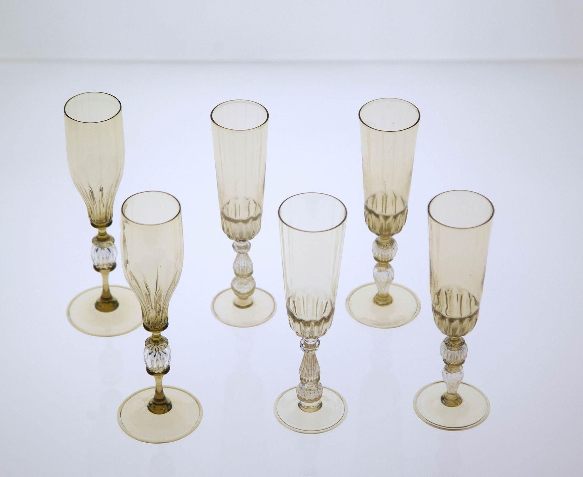 Mid-Century Modern Collector's Eclectic Set of 6 Cenedese Flutes, 3 Pairs, Different Design, Unique For Sale