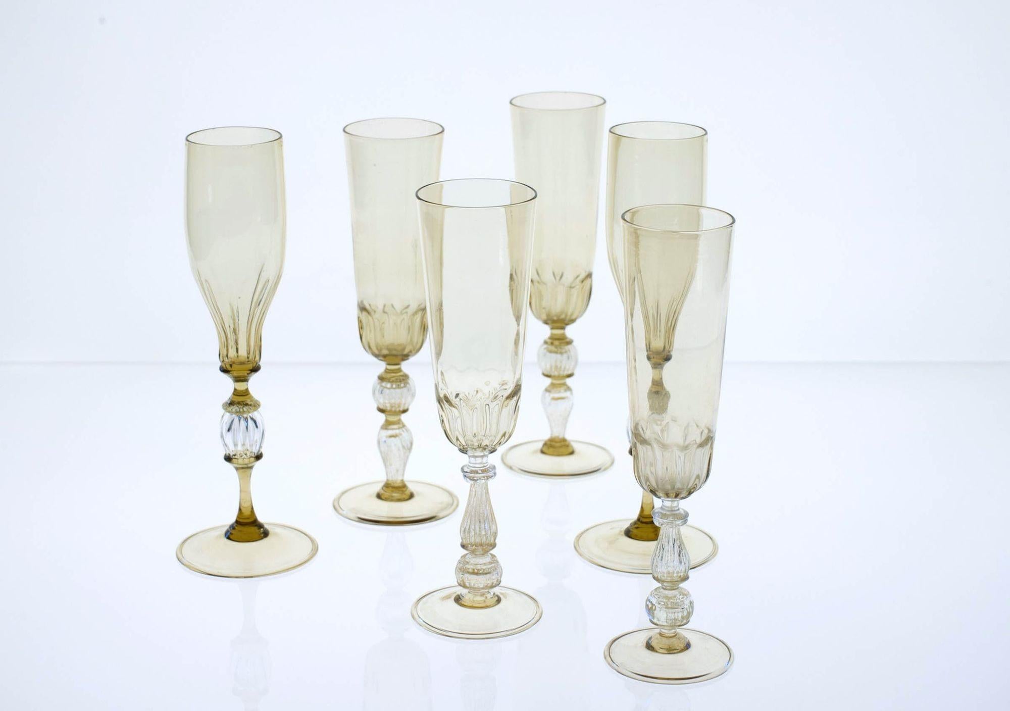 Art Glass Collector's Eclectic Set of 6 Cenedese Flutes, 3 Pairs, Different Design, Unique For Sale