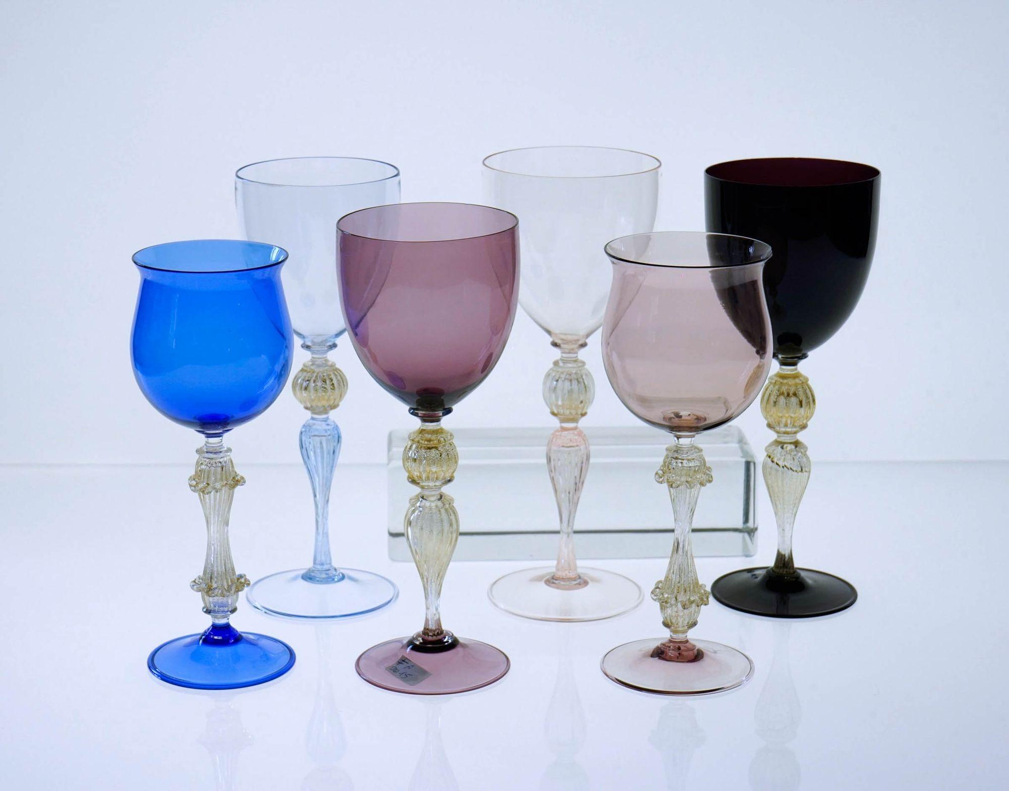 Italian Eclectic Set of 6 Cenedese Wine Glass, Each in Different Design. Collector.