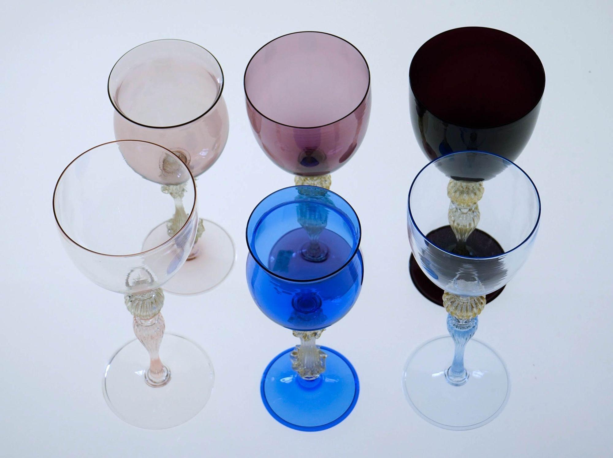 Art Glass Eclectic Set of 6 Cenedese Wine Glass, Each in Different Design. Collector.