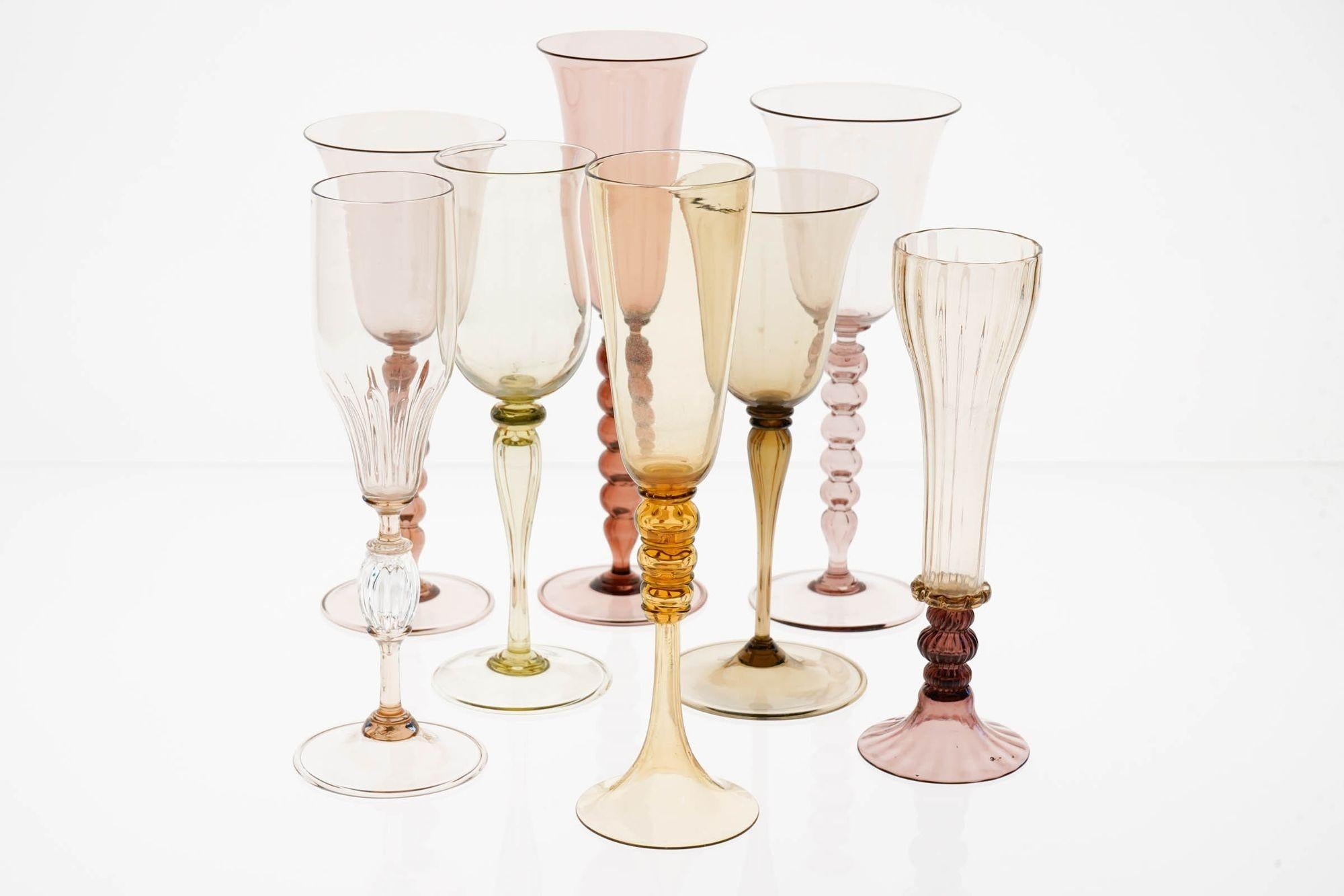 Collector's Eclectic Set of 8 Cenedese Flutes, Each in Different Design, Unique For Sale 9