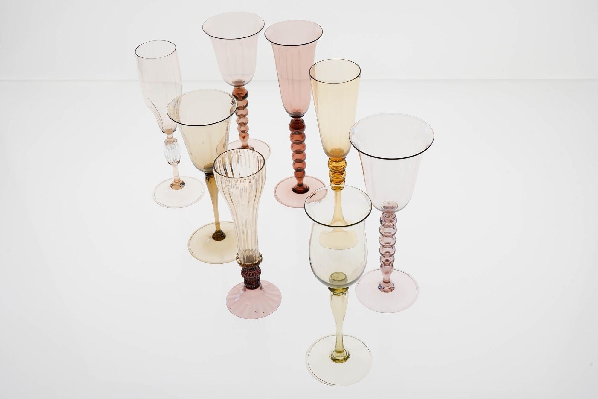 Collector's Eclectic Set of 8 Cenedese Flutes, Each in Different Design, Unique For Sale 11