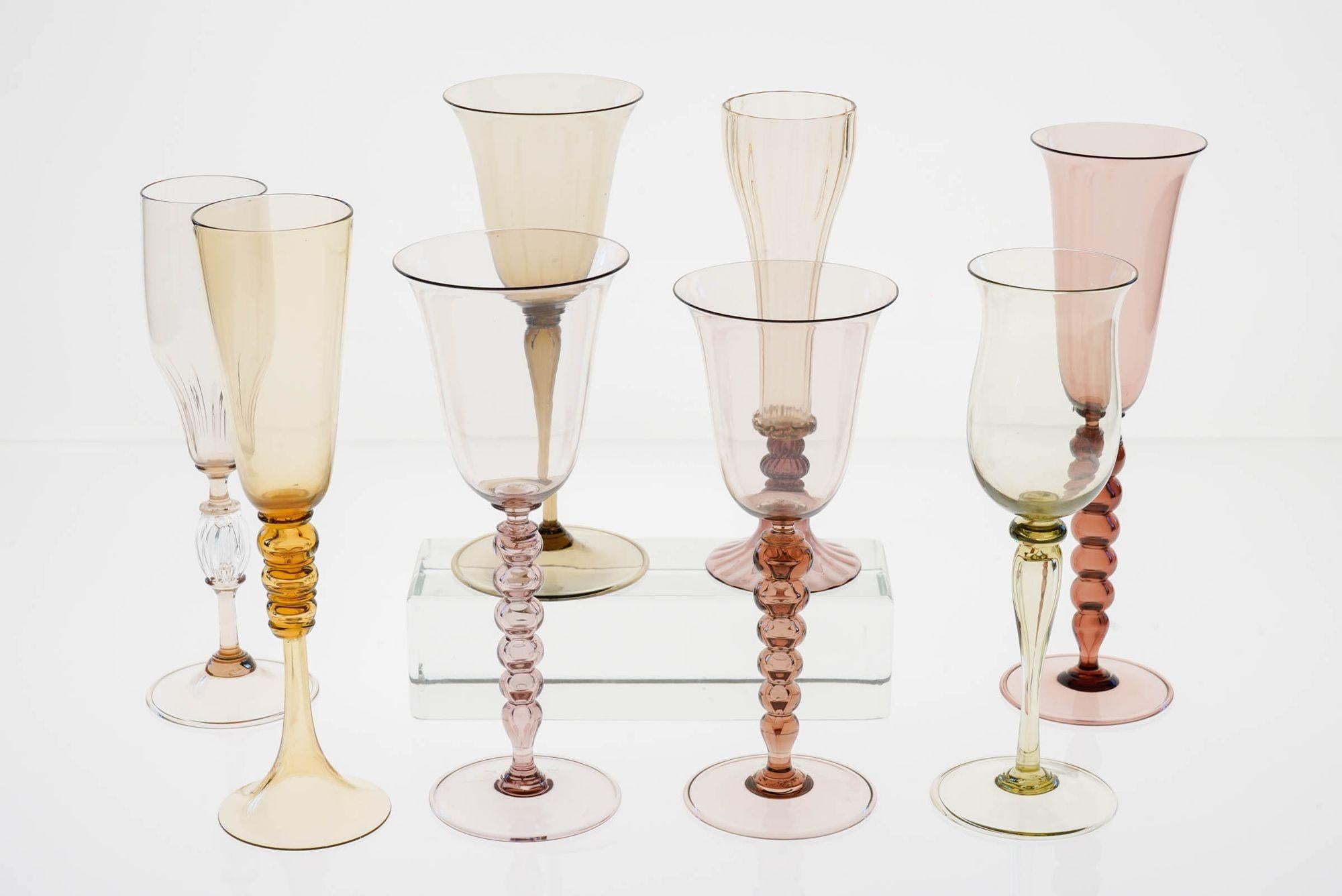 Mid-Century Modern Collector's Eclectic Set of 8 Cenedese Flutes, Each in Different Design, Unique For Sale