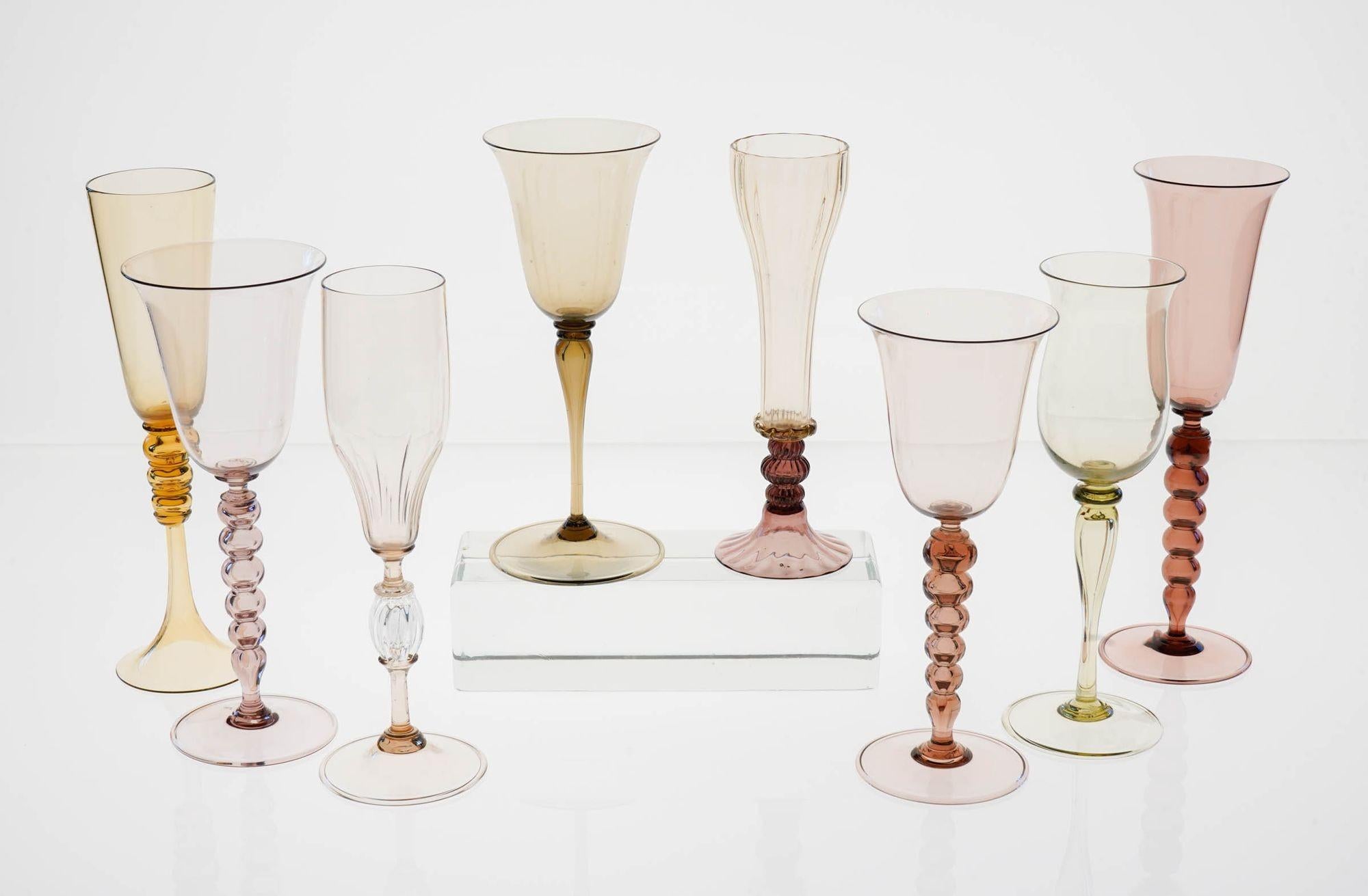 Mid-Century Modern Collector's Eclectic Set of 8 Cenedese Flutes, Each in Different Design, Unique For Sale