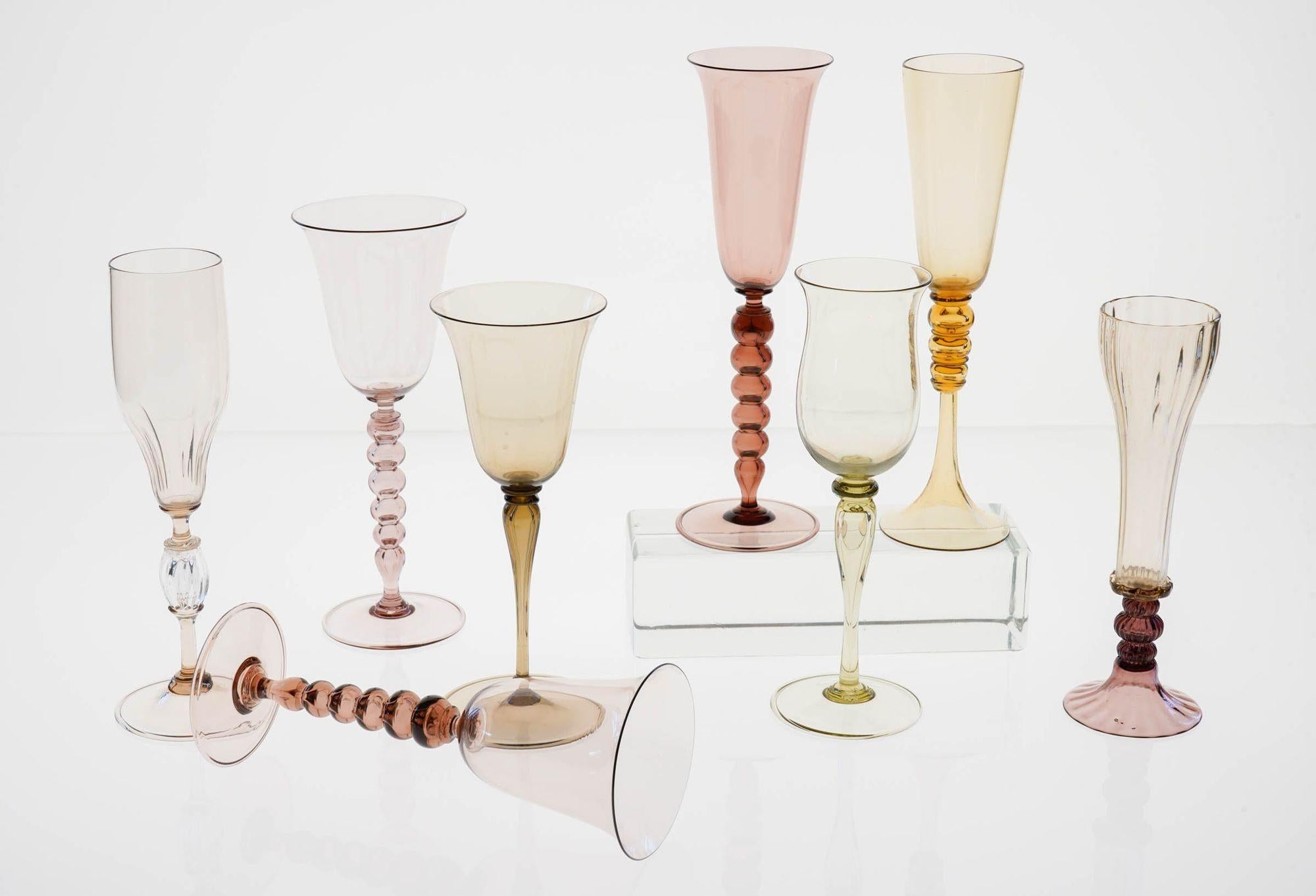 20th Century Collector's Eclectic Set of 8 Cenedese Flutes, Each in Different Design, Unique For Sale