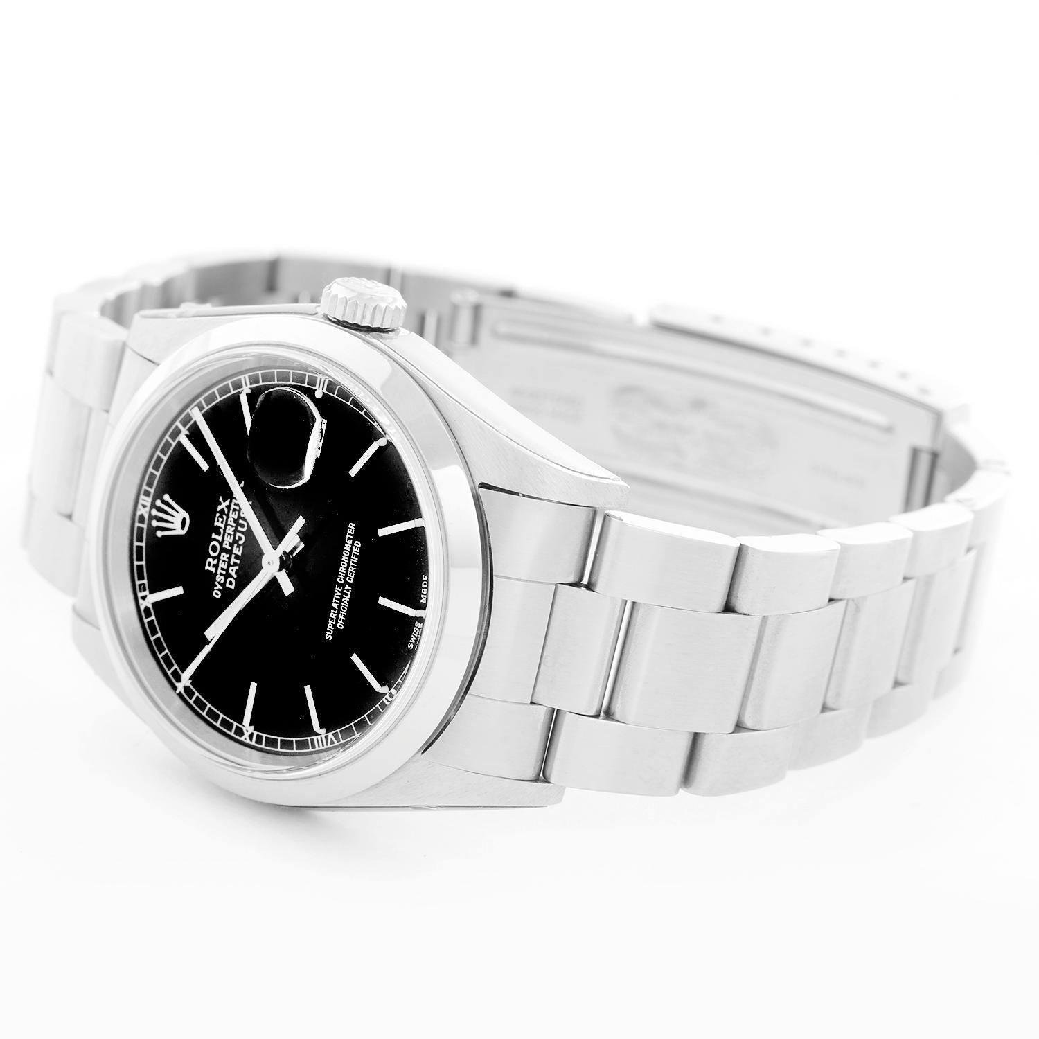 Collectors Edition Rolex Datejust Men's Stainless Steel Watch 16200 - Automatic winding, Quickset, sapphire crystal. Stainless steel case with smooth bezel (36mm diameter). Black dial with stick numerals. Stainless steel Oyster bracelet. New old