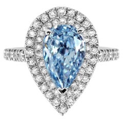 Collector's GIA Certified 3.20 Carat Fancy Greenish Blue Pear Cut Diamond Ring