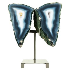 Ágata Azul de Coleccionista Geoda Alas de Mariposa, Decoración Escultórica de Cristal