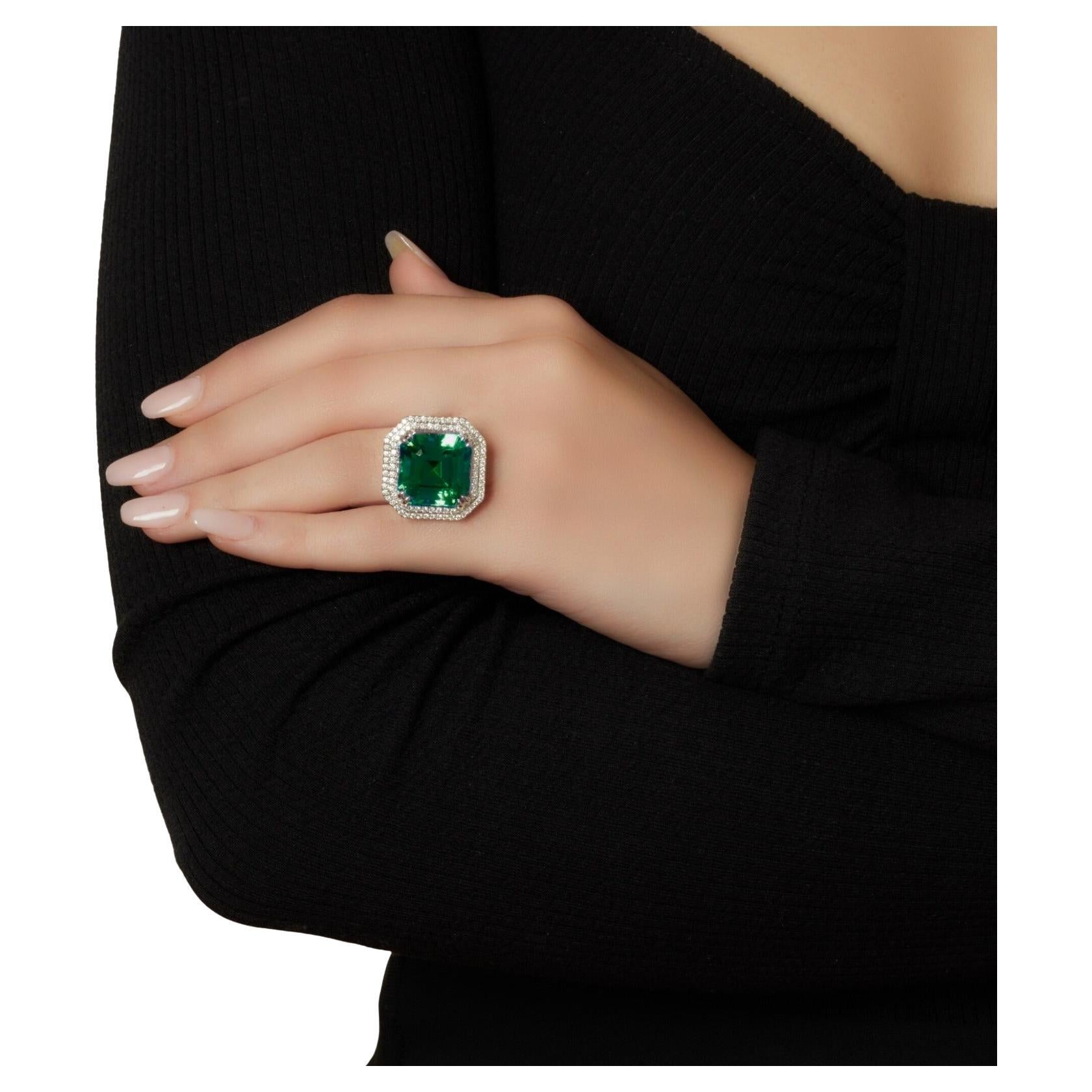 Contemporary Collector's Gubelin 50 Carat Minor Oil Emerald Diamond Ring For Sale