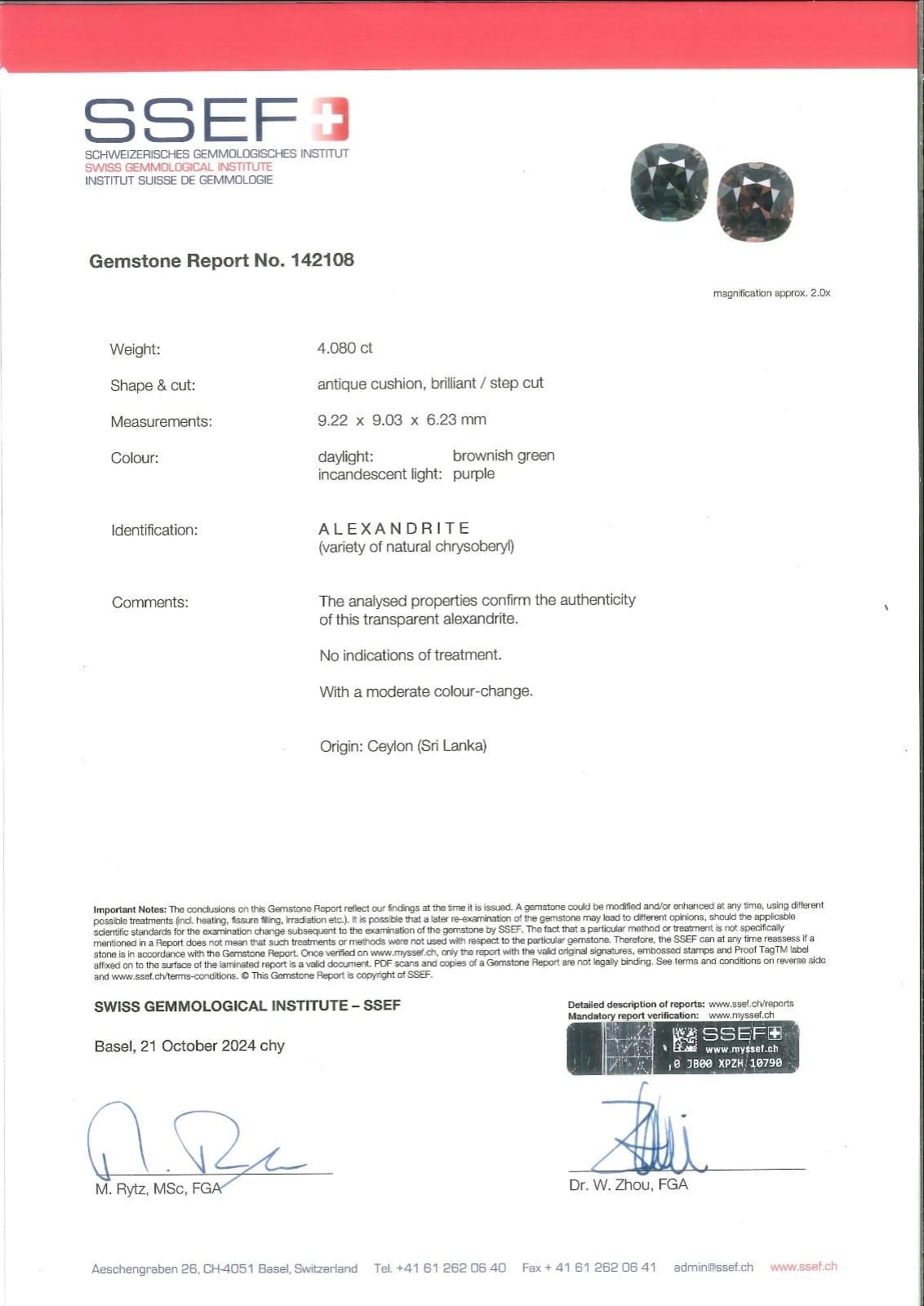 Cushion Cut Collector's Investmet grade 4 Carat SSEF Alexandrite Flawless Clarity Untreated For Sale