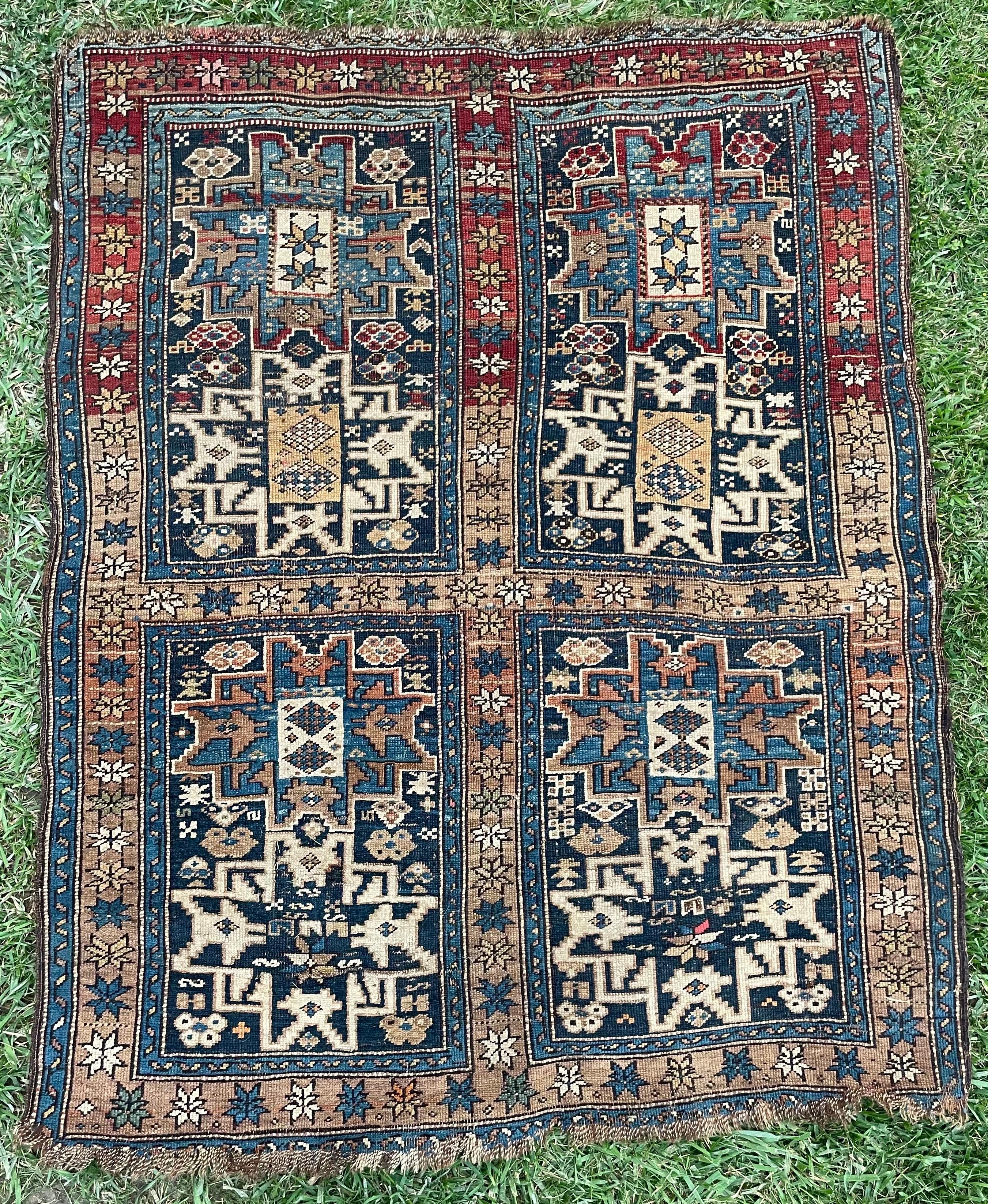 Rare Quad Section Duel Leshgi Star Medallions Caucasian Antique Rug

Size: 3.8 x 4.8
Age: Antique
Pile: Low with some patina

This rug is one-of-a-kind, only one in the world, no others are available.

Because of the nature and age of these