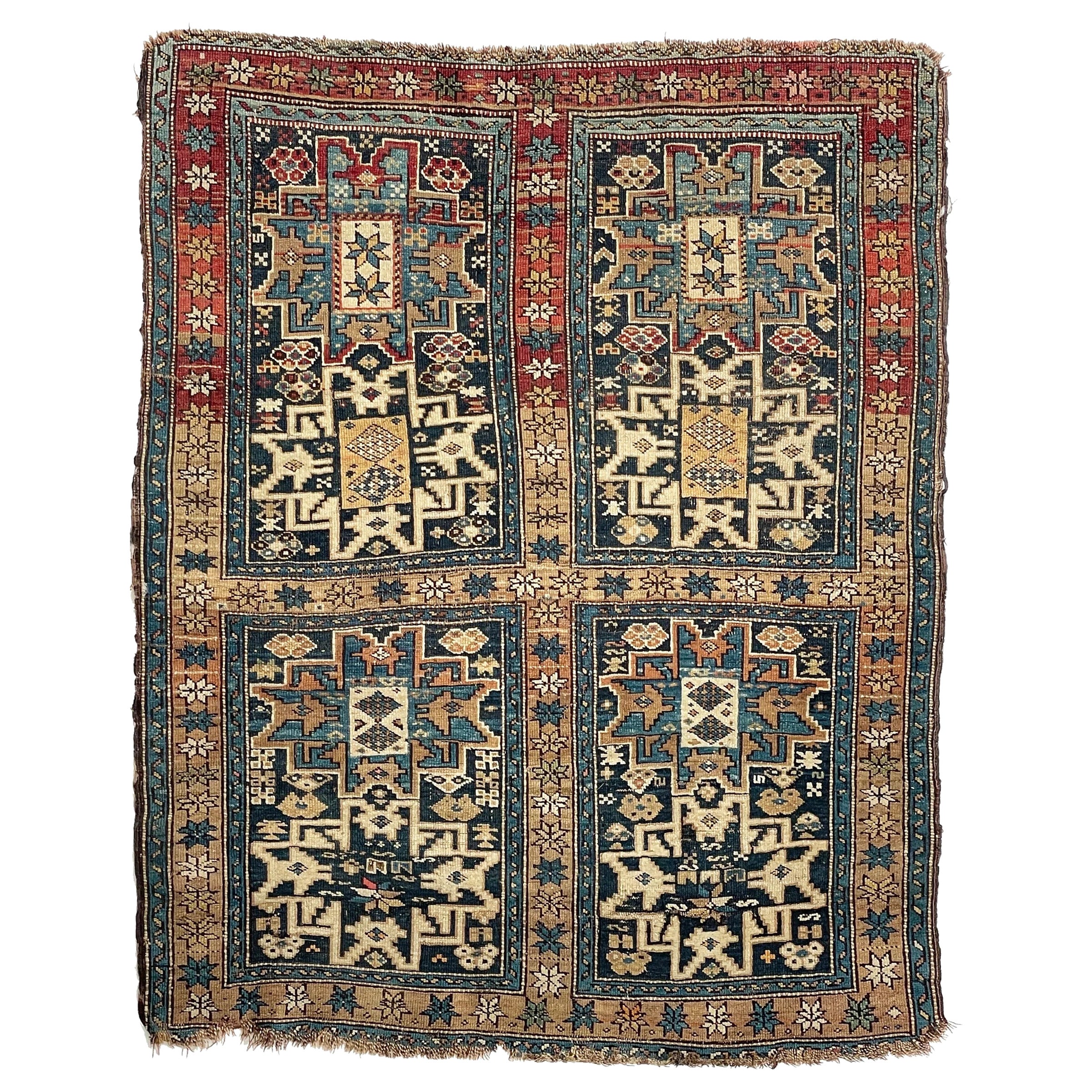 Rara alfombra caucásica antigua de coleccionista "Quad" Duel Leshgi Star Shirvan Kuba en venta