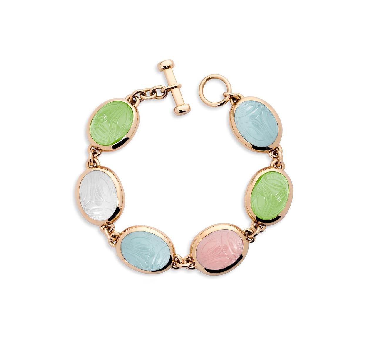 Egyptian Revival Colleen B. Rosenblat Aquamarine Prehnite Rose Quartz Gold Scarab Bracelet