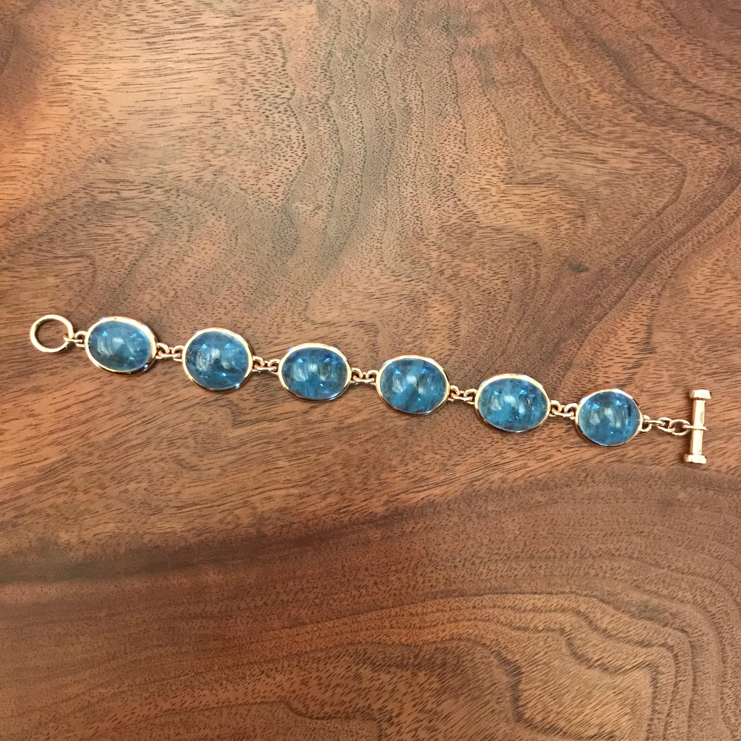 Handmade masterpieces bracelet with 6 aquamarines 91.67 ct. Set in 18K rose gold. This one of a kind piece is handmade and designed 
by Colleen B. Rosenblat