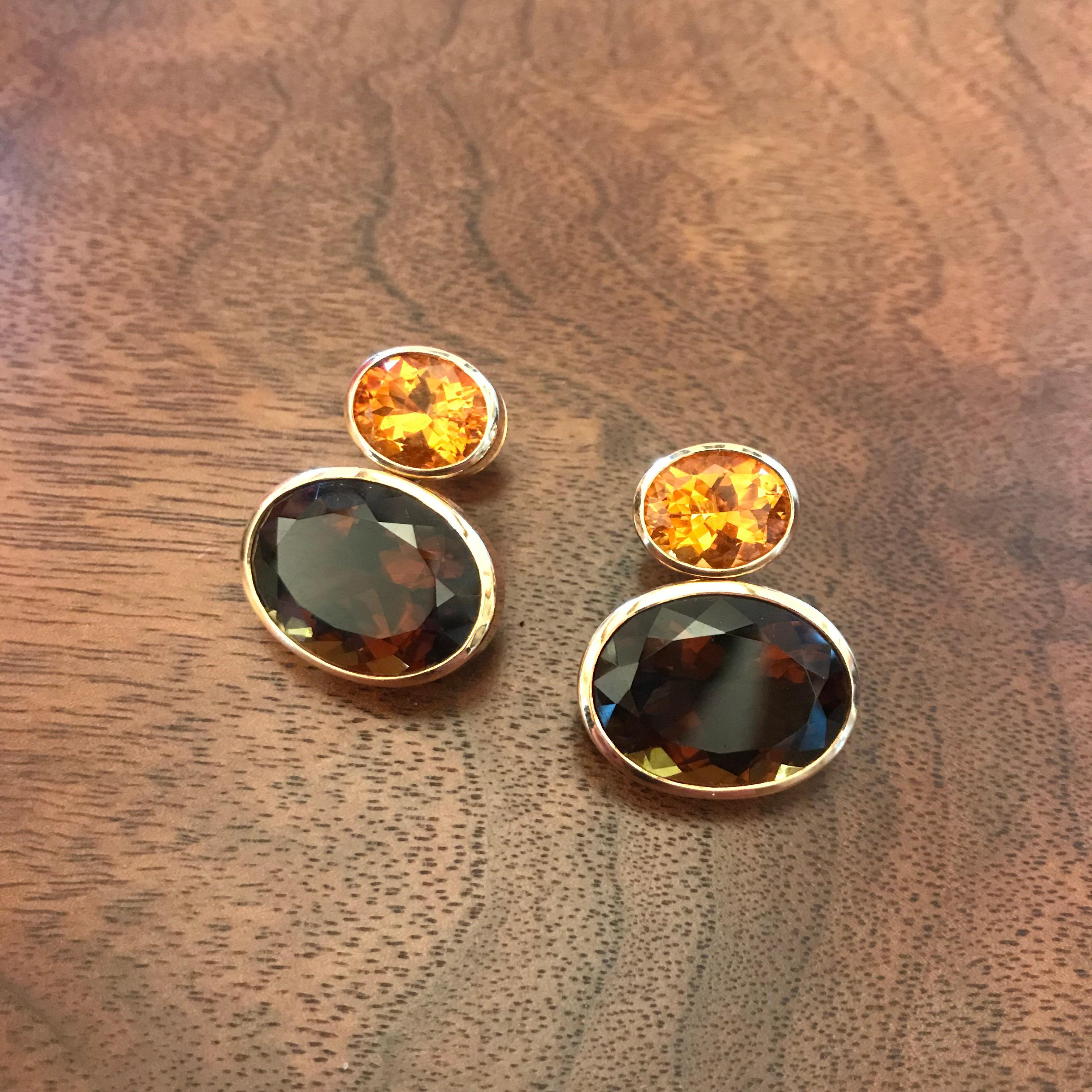 Colleen B. Rosenblat designed this classic pair of smokey quartz and citrin earrings set in 18 carat rose gold.