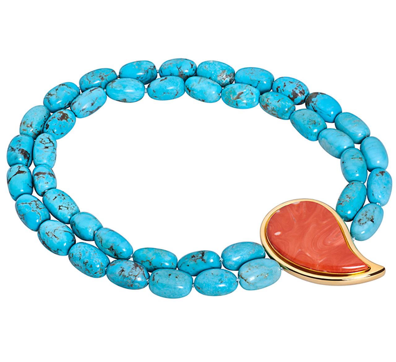 Double breasted turquoise necklace with a breathtaking coral clasp in 22k yellow gold. 
The clasp has the following dimensions:
75.5 mm length and 47.5 mm wide 

Designed by Colleen B. Rosenblat
