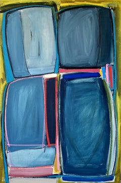 Banter by Colleen Leach, Tall Contemporary bright blue oil painting on canvas