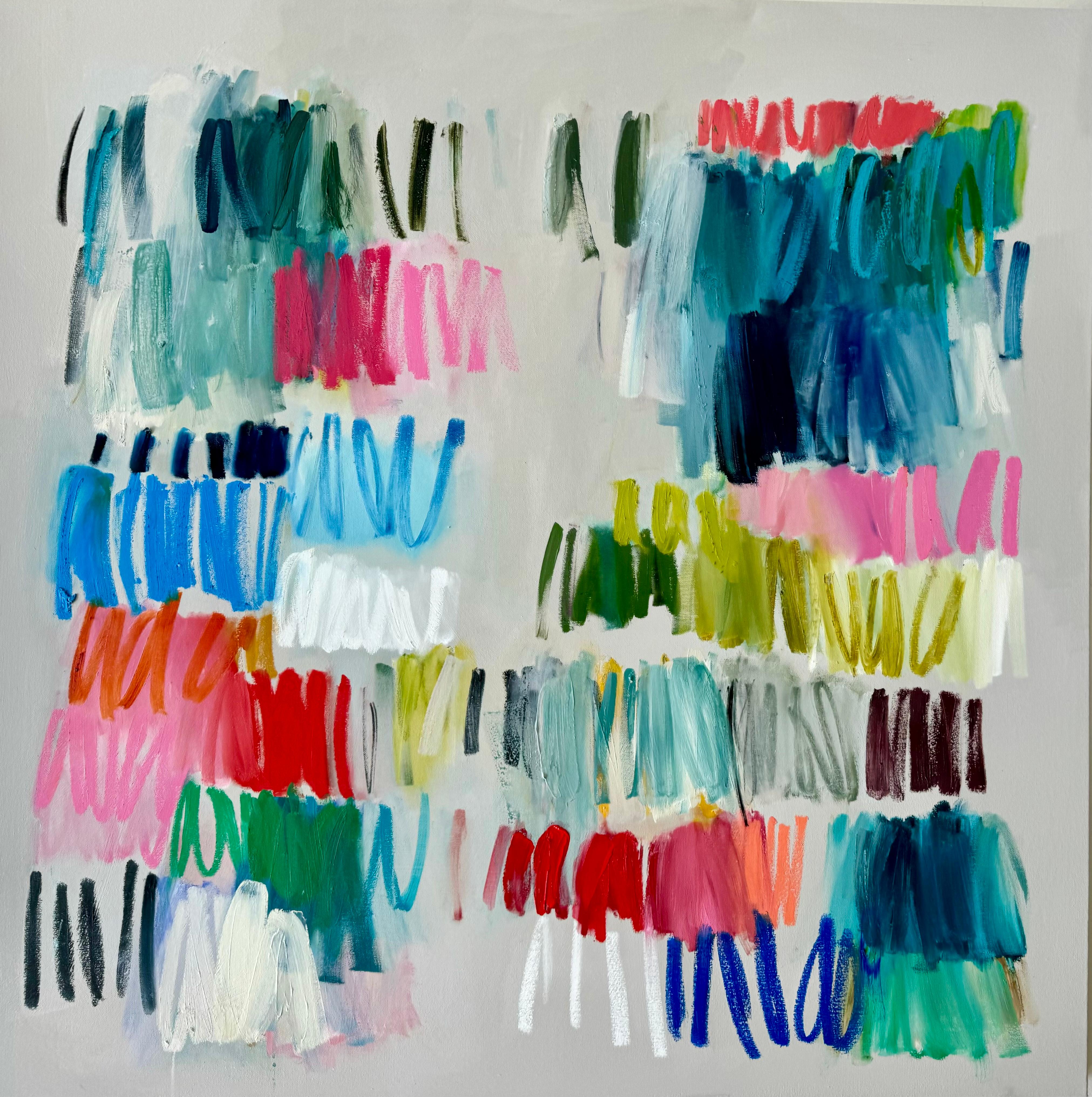 Unframed this piece measures 48"H x 48"W

"Him" by Colleen Leach is a striking 48" x 48" abstract masterpiece, framed elegantly in a gold floater frame. This bold and expressive work radiates energy and balance, with layered brushstrokes in a