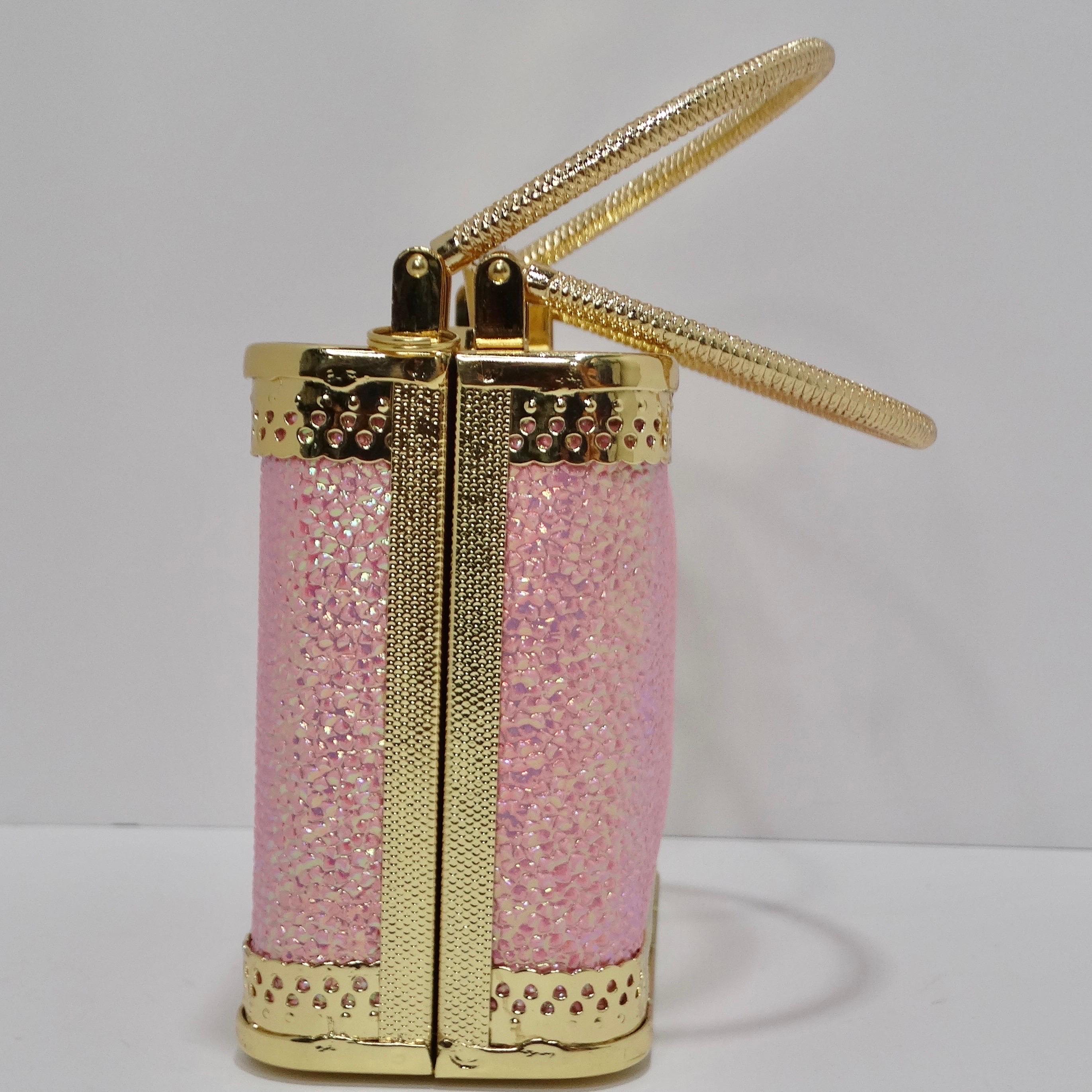 Colleen Lopez Pink and Gold Plated Minaudière Bag  In Excellent Condition For Sale In Scottsdale, AZ