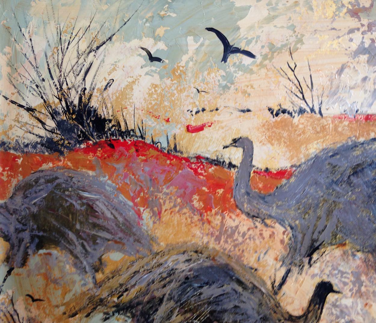 Colleen Parker 'Australisch', Öl auf Karton, Emus und Crows, um 1980 (Moderne) im Angebot