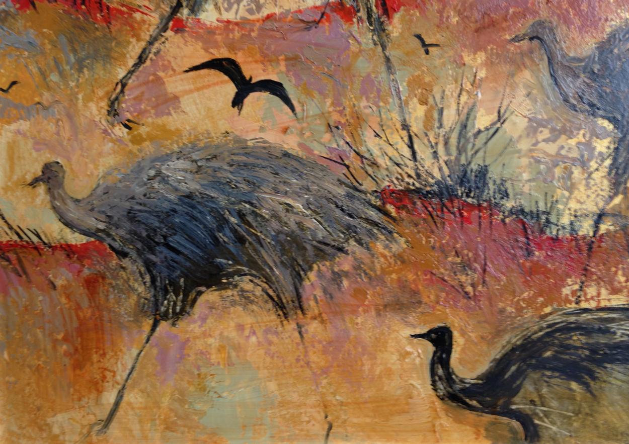 Colleen Parker 'Australisch', Öl auf Karton, Emus und Crows, um 1980 (20. Jahrhundert) im Angebot