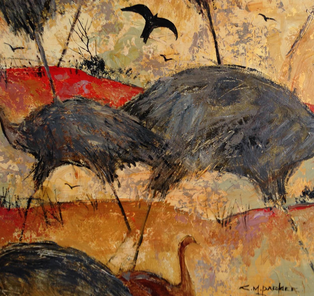 Patinated Colleen Parker 'Australian', Oil on Board, Emus and Crows, circa 1980 For Sale