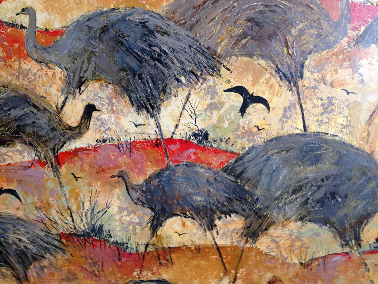 Massonite Colleen Parker 'Australian', huile sur carton, Emus et Crows, circa 1980 en vente