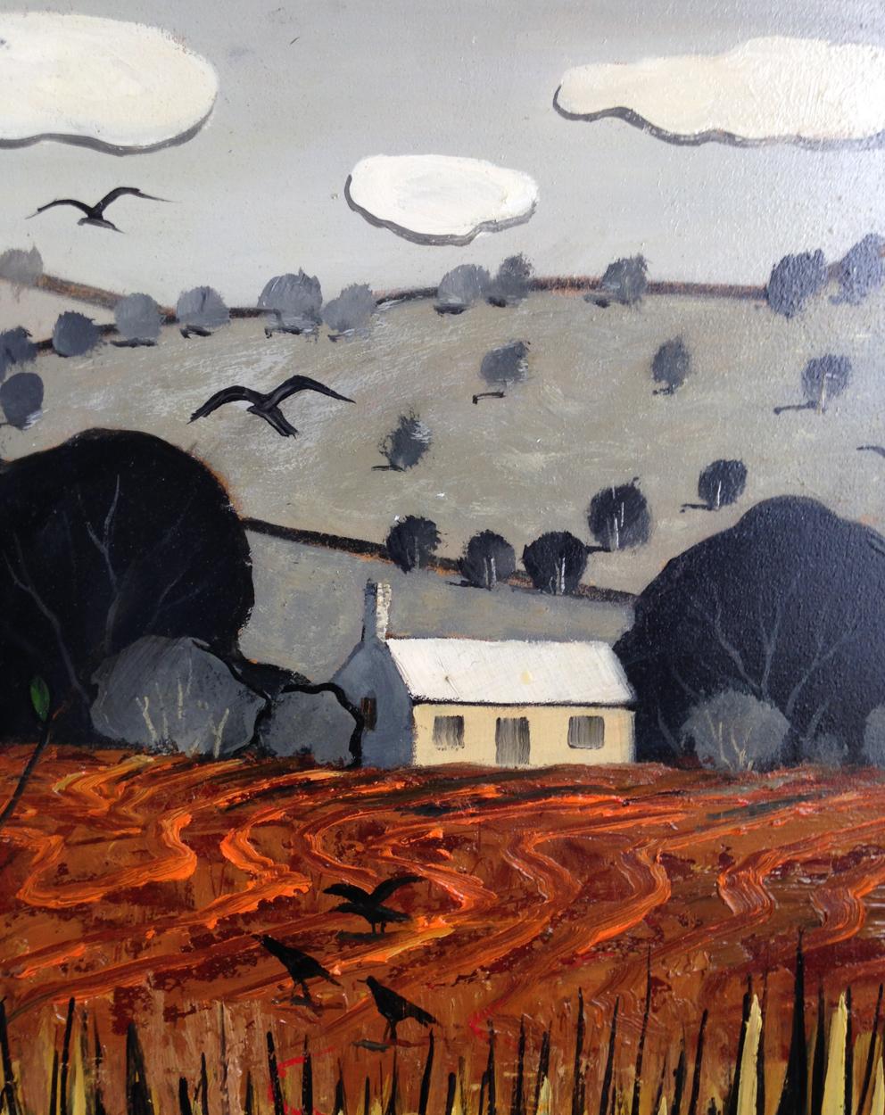 Modern Colleen Parker 'Australian', Oil on Board, Landscape with Crows, circa 1980 For Sale