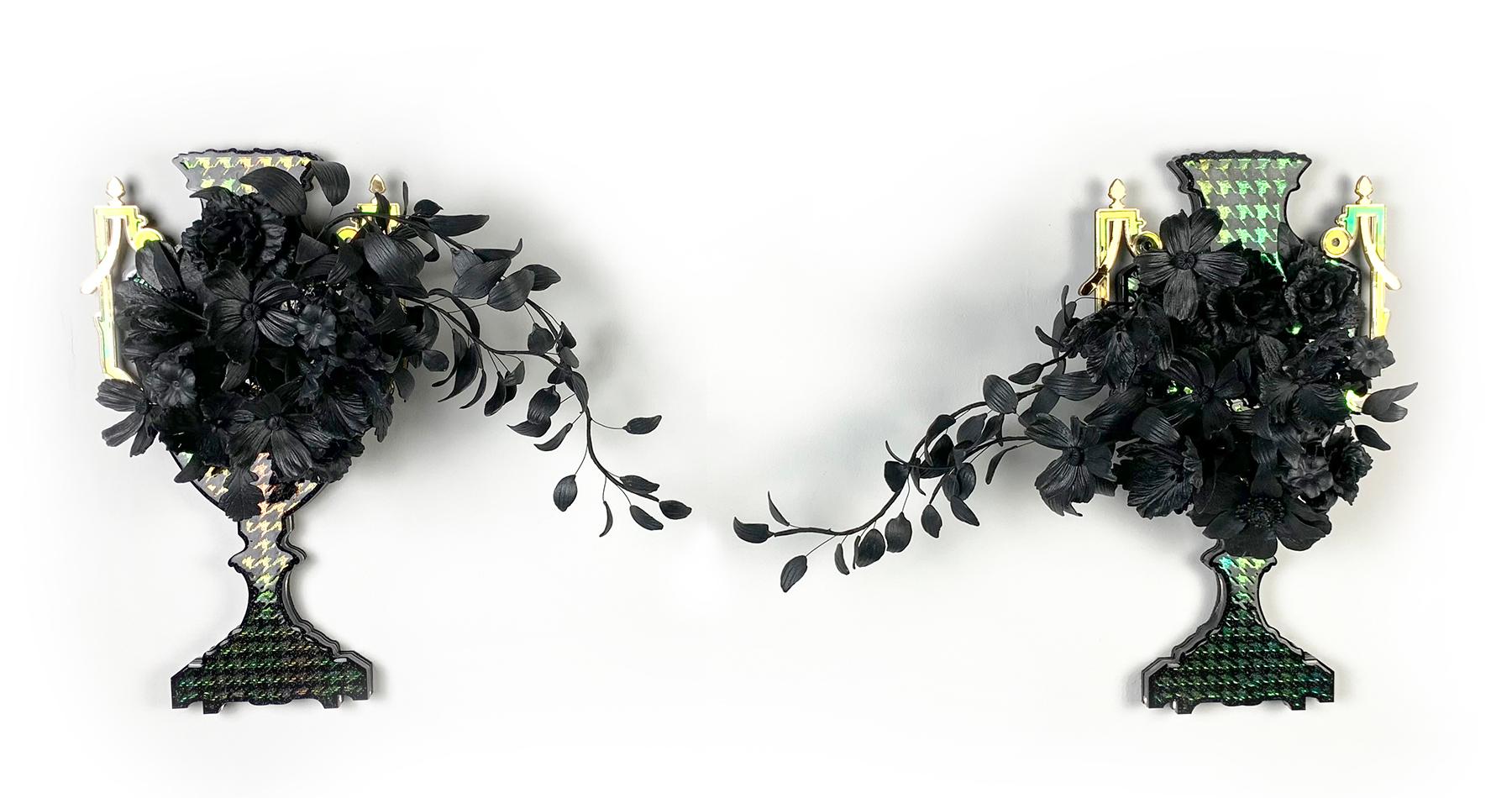 Colleen Toledano Still-Life Sculpture – Zeitgenössische Skulptur-Vase/Gefäß Stillleben Flora Dunkles Metallic Pop Porzellan