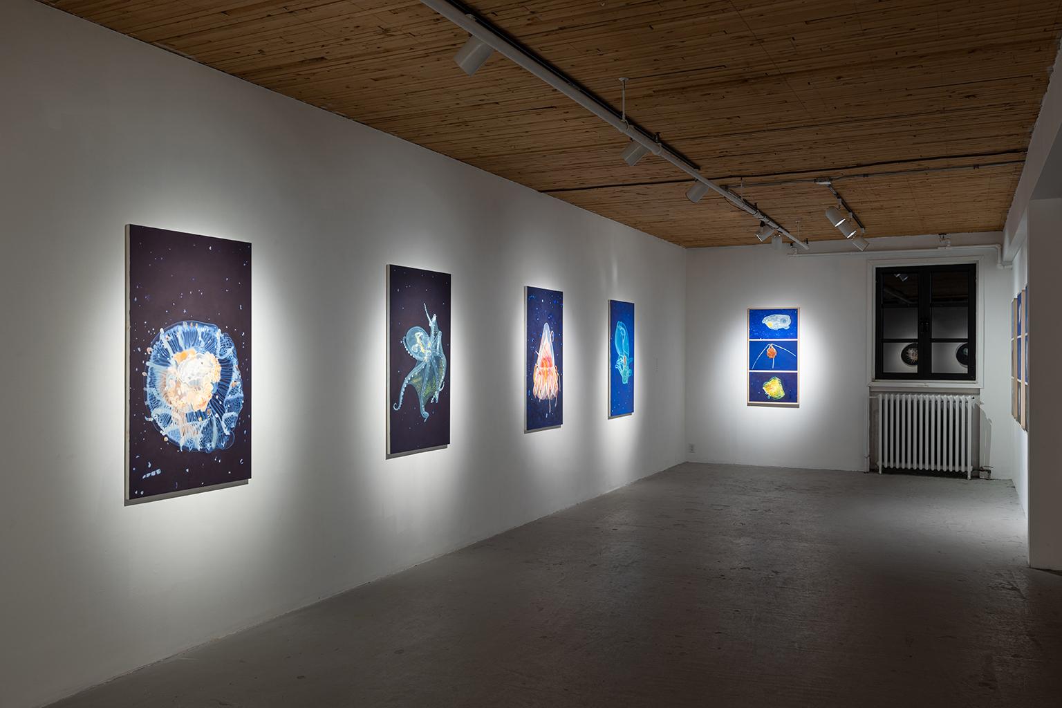 Con Into the Deep Blue Sea, l'artista Colleen Wolstenholme, nata in Nova Scotia e residente nel New Brunswick, presenta una serie di dipinti a olio e disegni a inchiostro delle profondità marine, accompagnati da un'installazione in tenda con